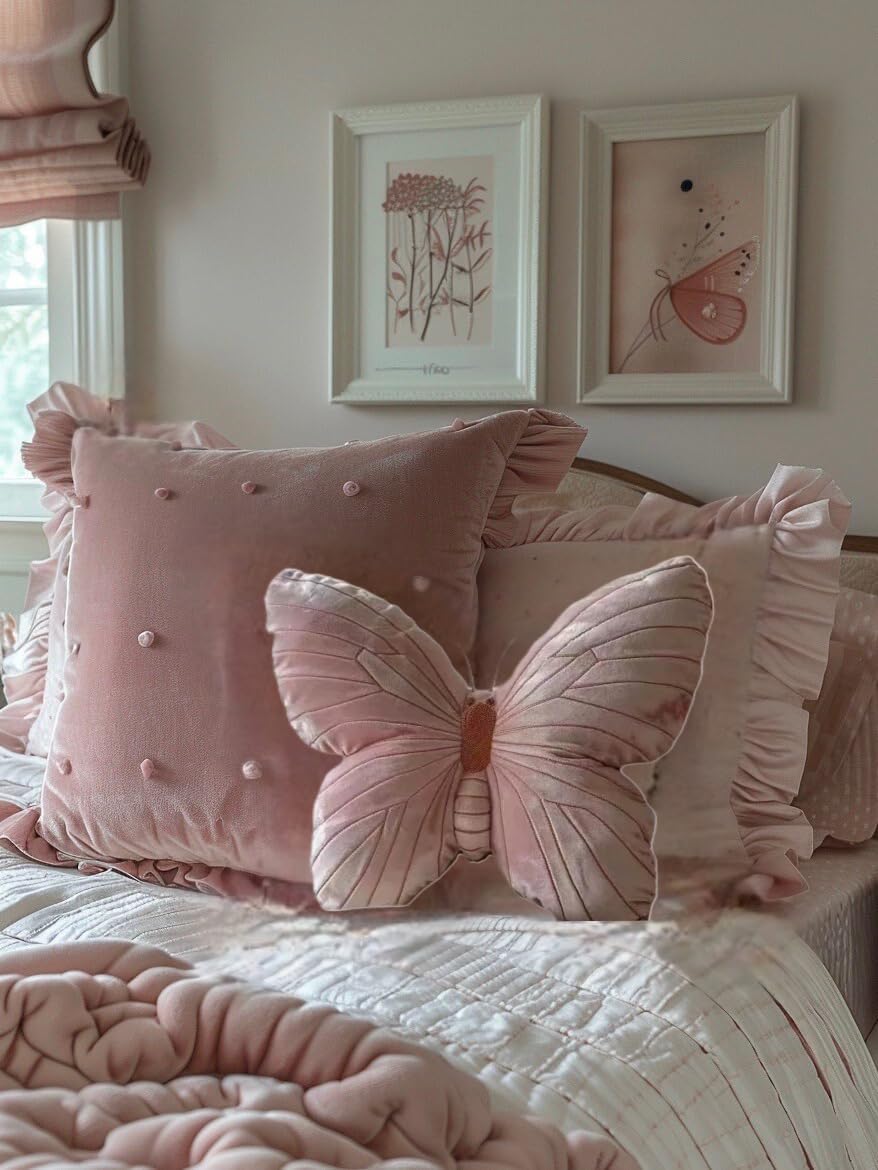 Butterfly Throw Pillow, Pink Butterfly-Shaped Glitter Velvet Stuffed Cushion Shiny Spring Decorative Animal Pillow for Couch Living Room Bed (11.8"x11.8")