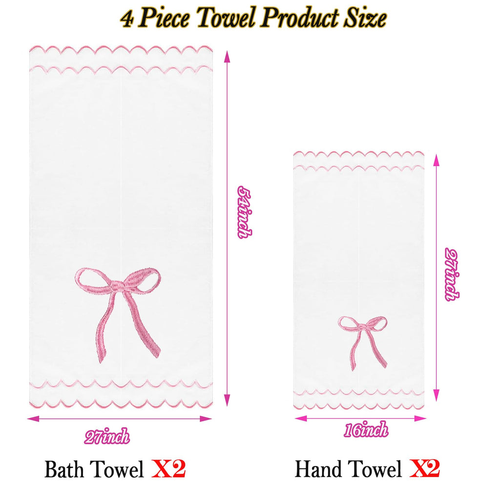 Cute 4 Set Coquette Bow Bath Towels Set 2 Bath Towels 2 Hand Towels Soft Embroidered Preppy Decorative Scalloped Towels for Bathroom