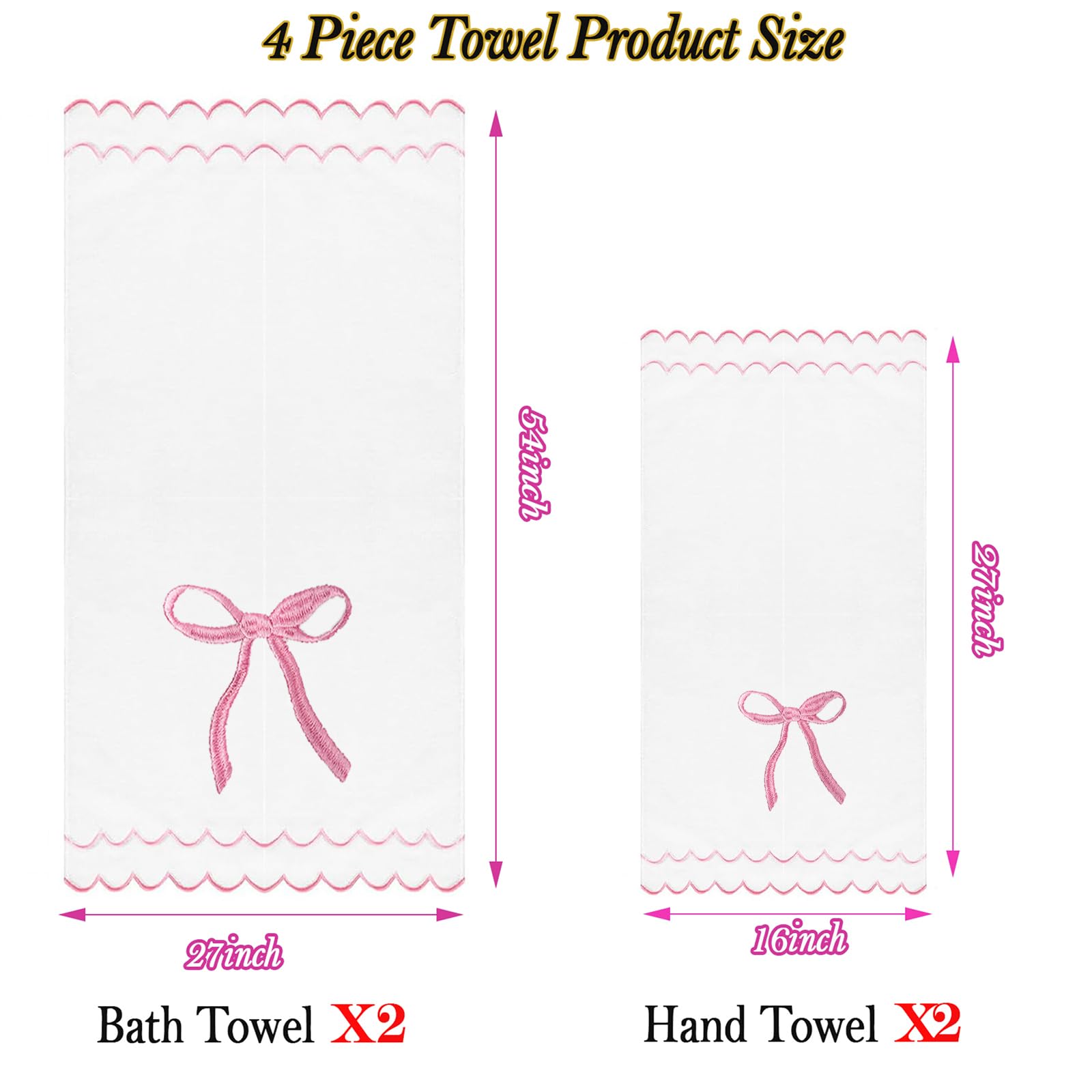 Cute 4 Set Coquette Bow Bath Towels Set 2 Bath Towels 2 Hand Towels Soft Embroidered Preppy Decorative Scalloped Towels for Bathroom
