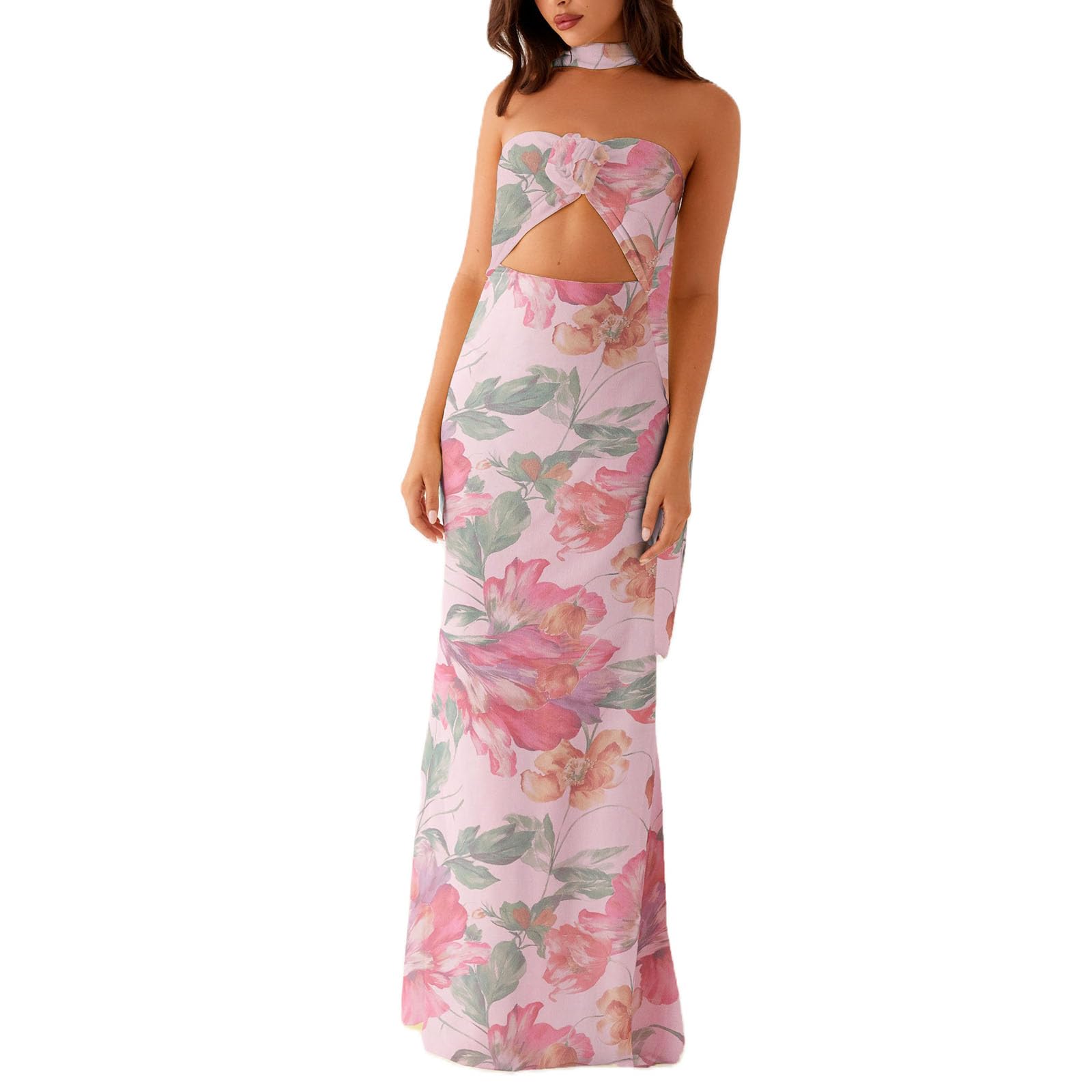 Women's Strapless Neck Scarf Floral Dresses Open Back Bodycon Long Dress Maxi Fitted Sundress