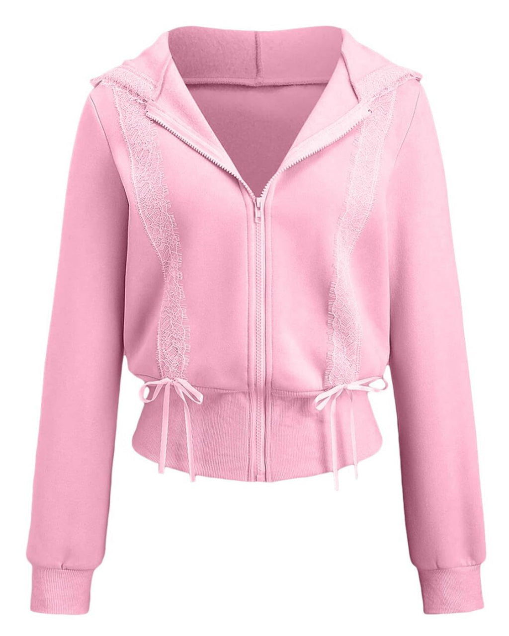 Women's Lace Patchwork Bow Zip-Up Crop Hoodie â€?Y2K Coquette Fleece Casual Hooded Sweatshirt