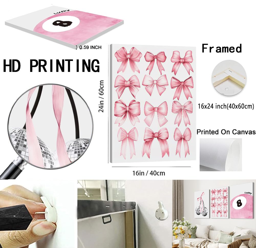 Trendy Blue Wall Art Set of 3, Preppy Navy Blue Wall Decor, Coquette Disco Lucky Me 8 Ball Poster Canvas Prints Aesthetic Pictures Room Dorm