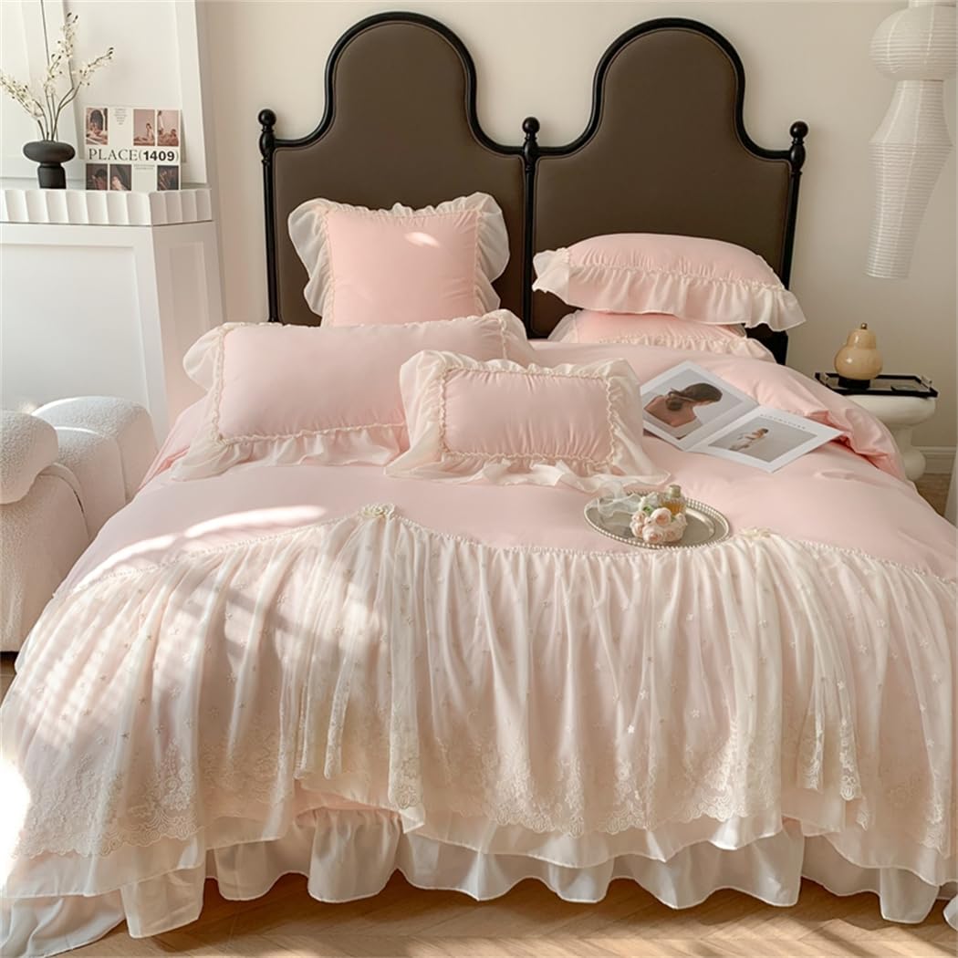 Lace Duvet Cover - Chiffon Ruffled Beddding Set with Flower, 3 Pieces Comforter Cover Set with Zipper Closure and Pillowcase