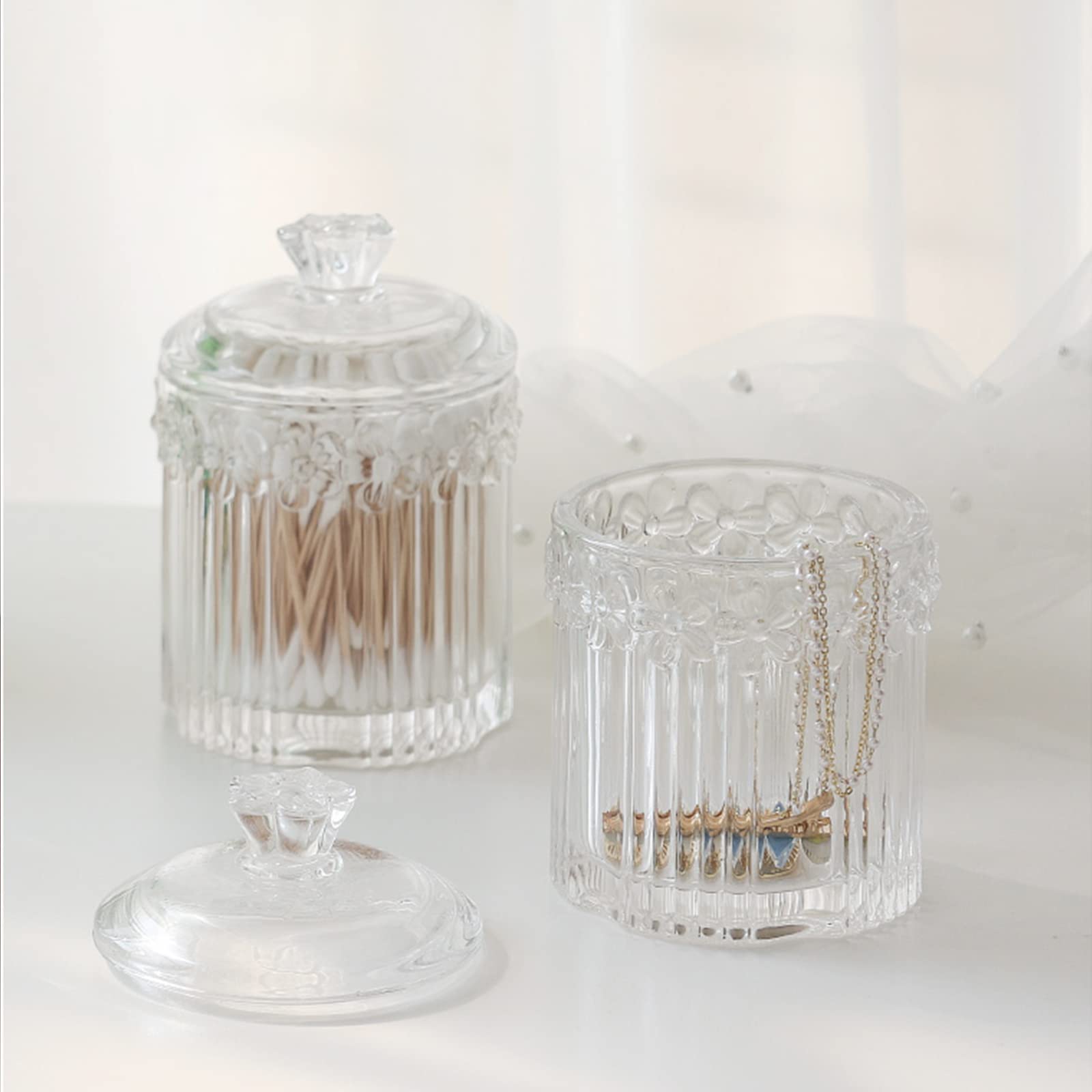 Qtip Holder Glass Apothecary Jars with Lids Set Bathroom Canisters Dispenser Organizers and Storage for Cotton Swabs, Balls, Pads, Floss Picks, Candy 2 Pack