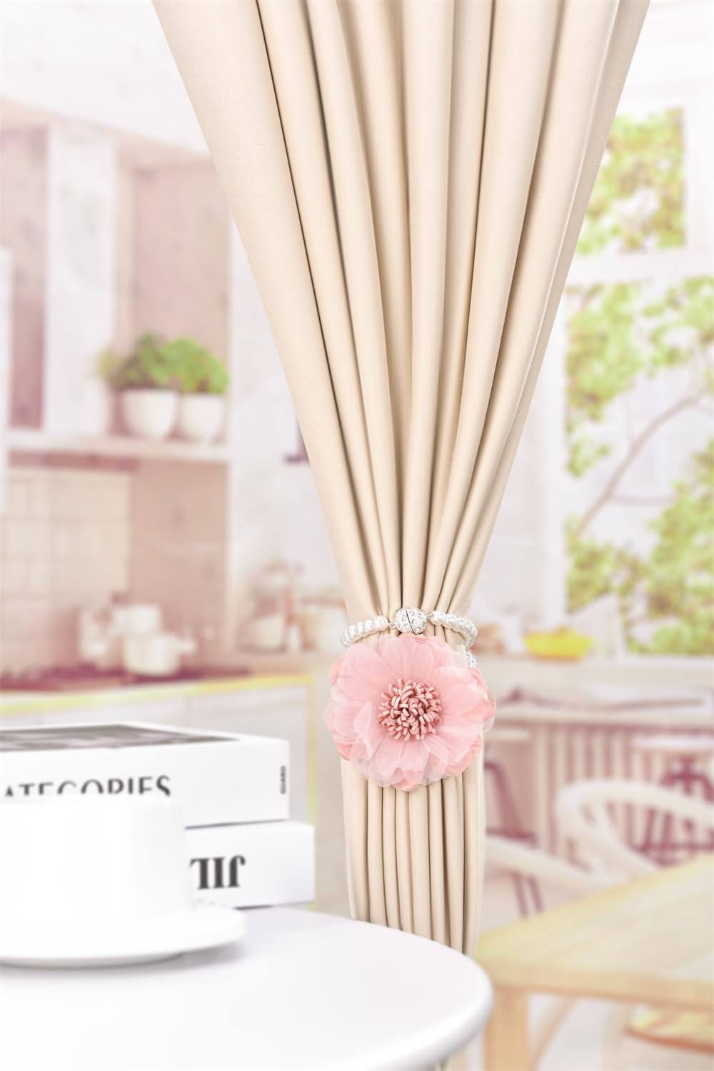 Elegant Pearl Magnetic Curtain Tieback with Handmade Flower Decorative Drapery Holdbacks Rope Holder