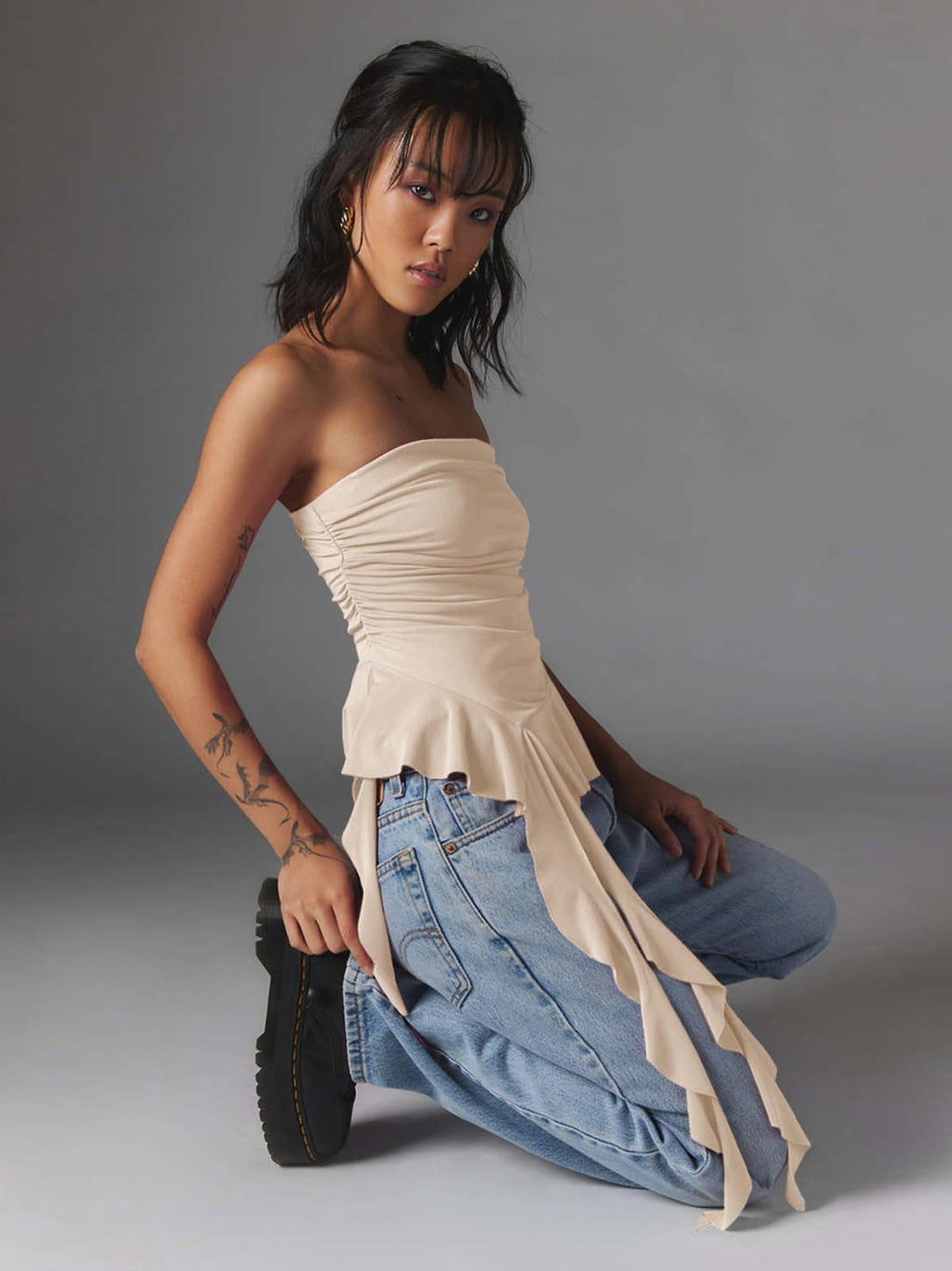 Women Strapless Tops Ruffled Asymmetrical Hem Tube Tops Ruched Bandeau Cami Tanks