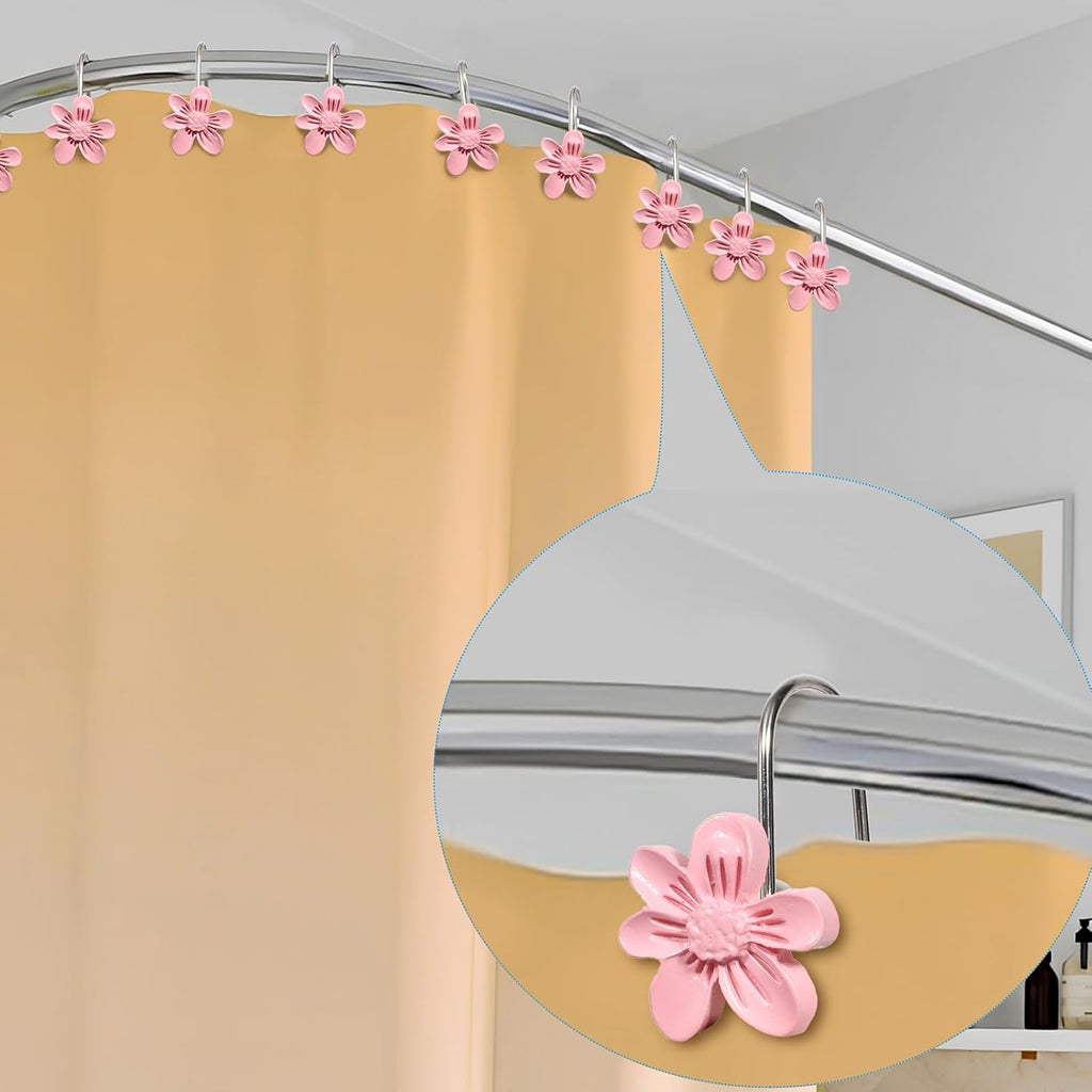 Decorative Shower Curtain Hooks, 12PCS Pink Small Flower Resin Shower Curtain Hooks Rings for Bathroom