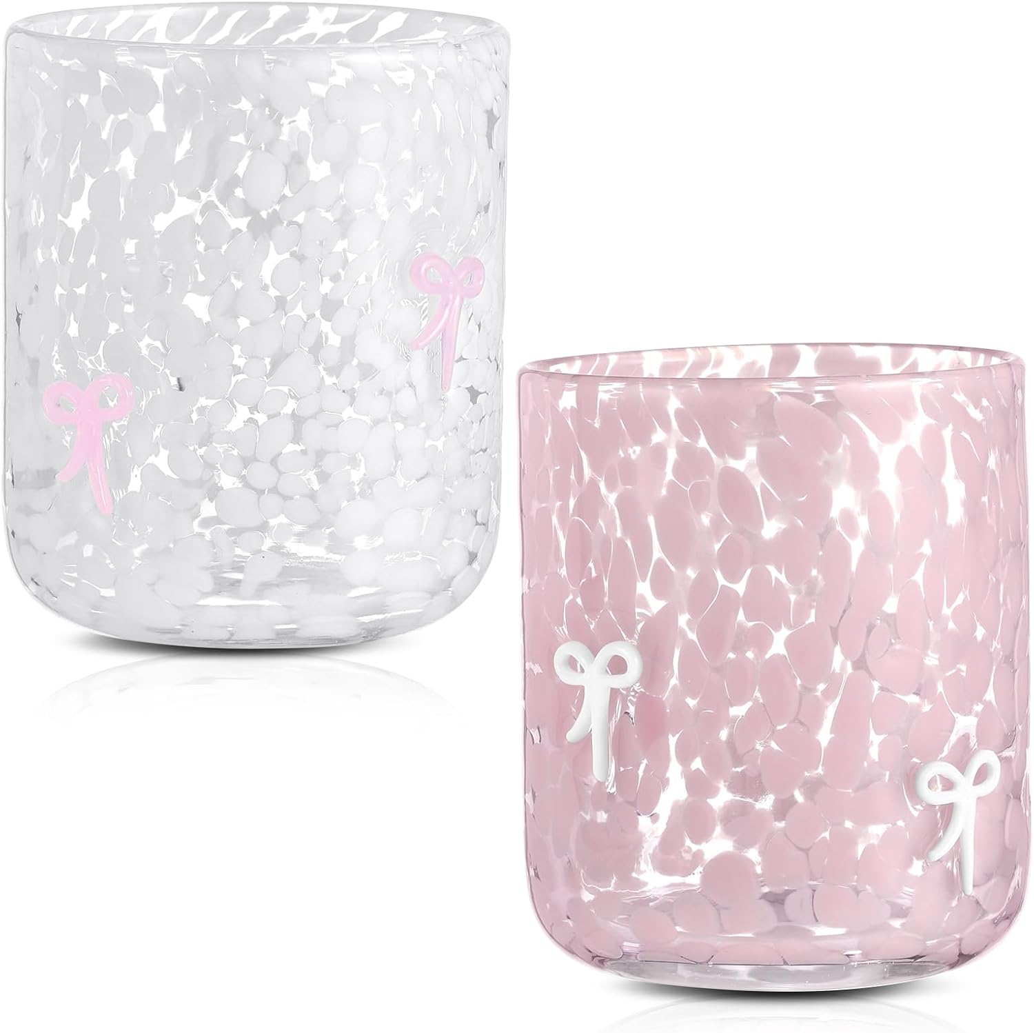 Coquette Aesthetic 2 Pack Bow Juice Glasses Glass Cups 14 oz Double Old Fashioned Icon Handblown Stemless Wine Glasses Cute Pink Glass