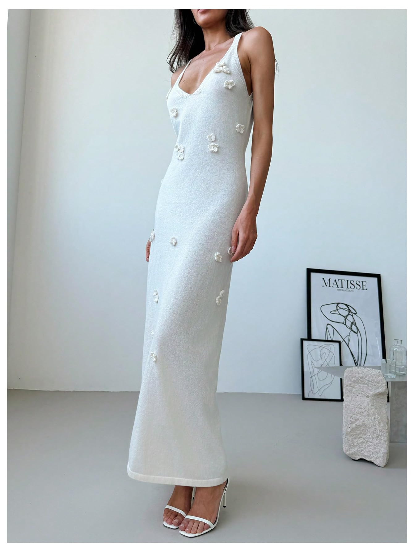 Women's Maxi Floral Appliques V Neck Sleeveless Summer Bodycon Dresses