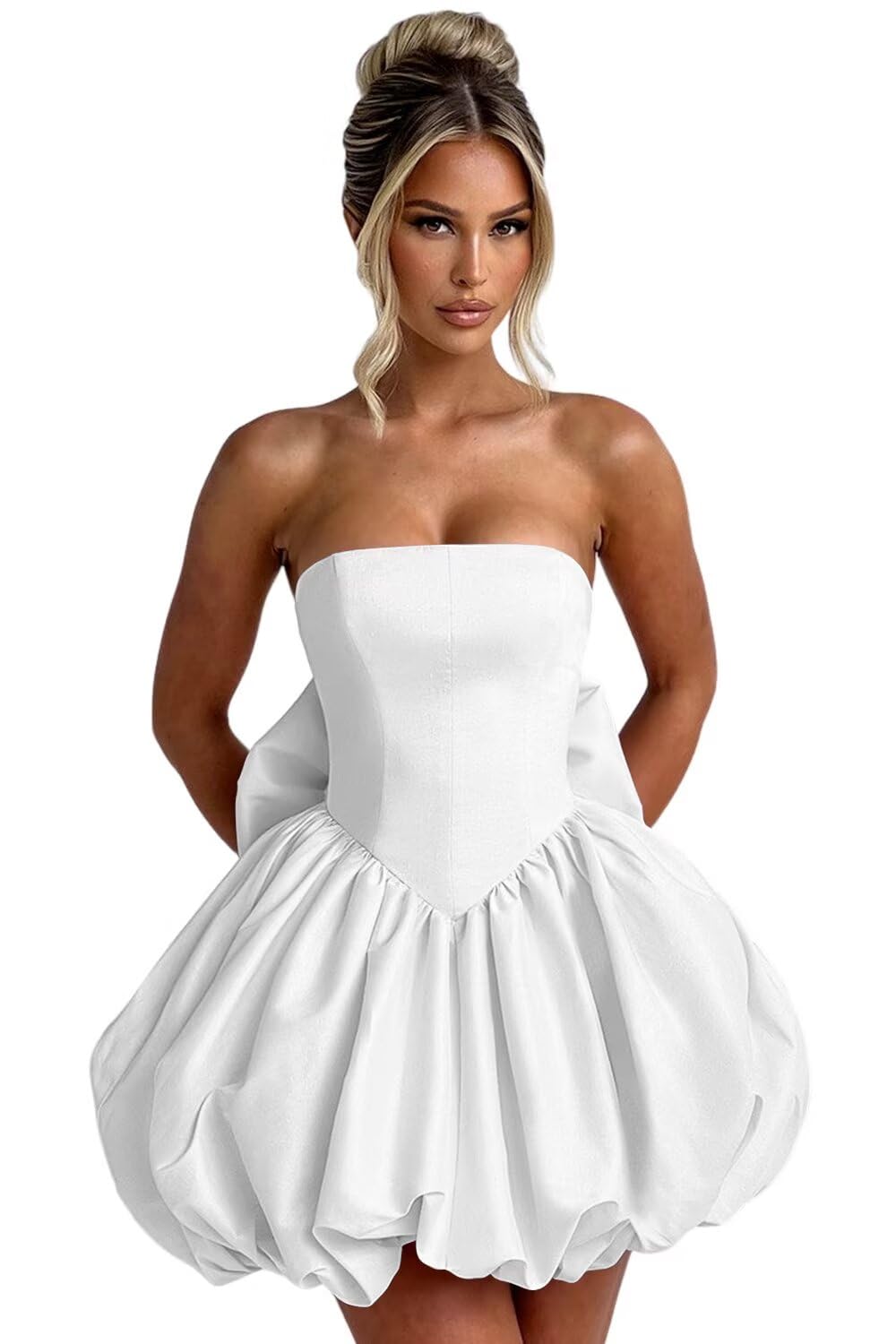 Satin Bubble Dress with Pockets Strapless Detachable Bow Short Ball Gowns A Line