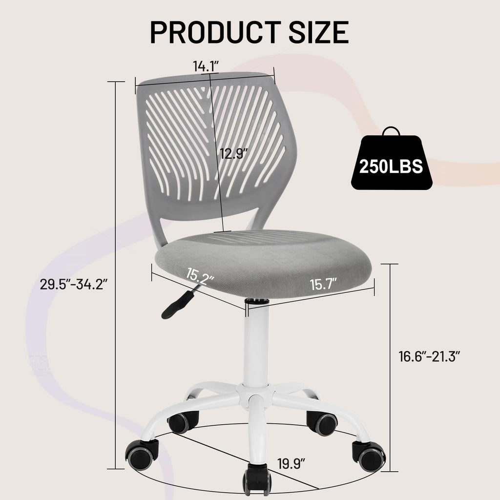 Study Desk Chair Armless Cute, Ergonomic Small Swivel Adjustable Rolling Lightweight Task Chair with Wheels and Mesh Padded Cushion