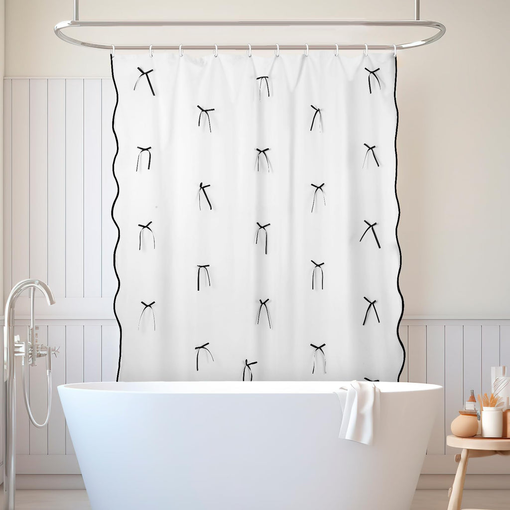 Cute Scalloped Bath Bow Shower Curtain with 12 Hooks Bowknot Waterproof Aesthetic Bathroom Decor for Women Girls Accessory, 72 Inches