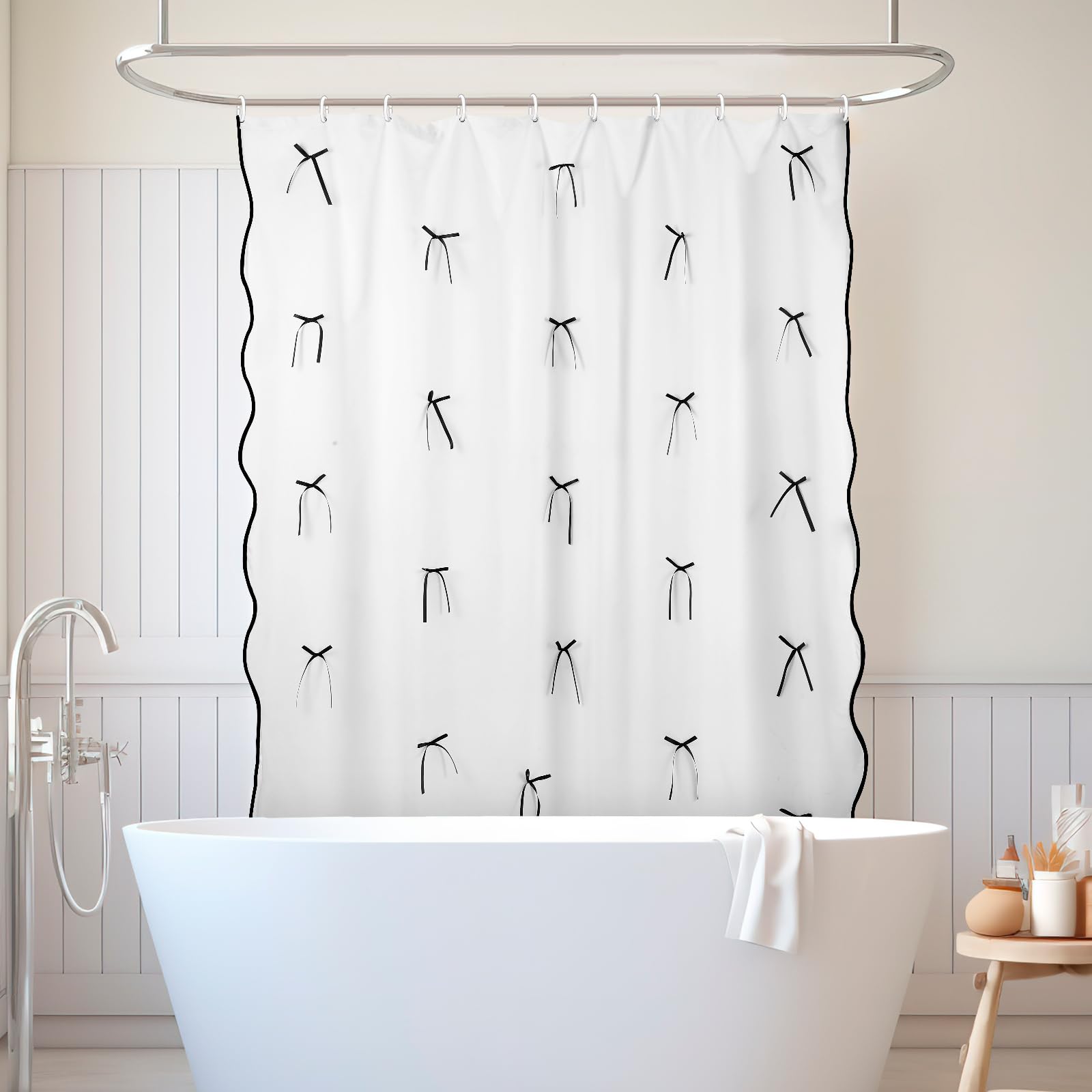 Cute Scalloped Bath Bow Shower Curtain with 12 Hooks Bowknot Waterproof Aesthetic Bathroom Decor for Women Girls Accessory, 72 Inches