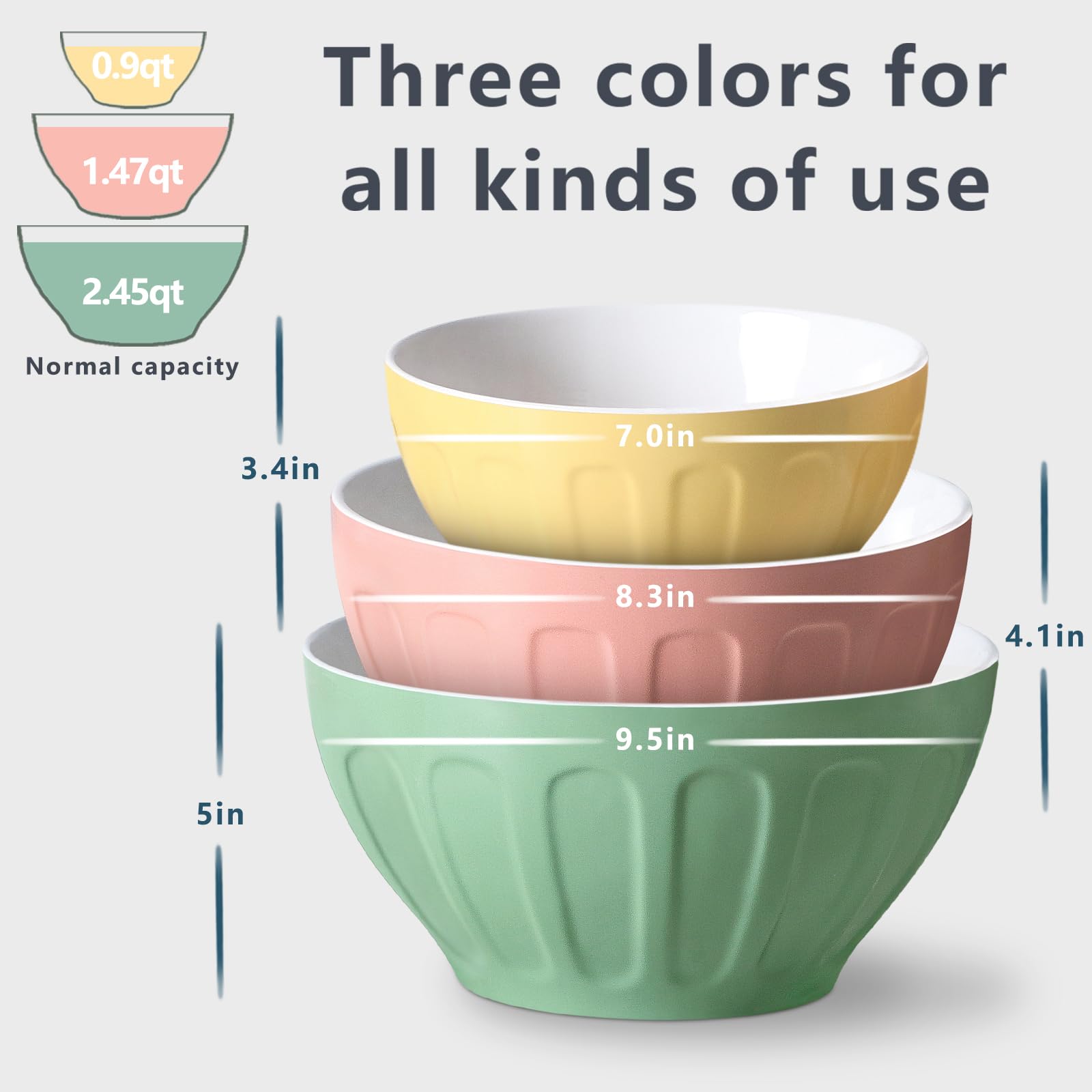 Ceramic Mixing Bowls for Kitchen, 3-Piece Large Colorful Serving Bowls, 3.13/1.68/1.18 Qt Deep Microwaveable Nesting Bowl, Stackable and Functional