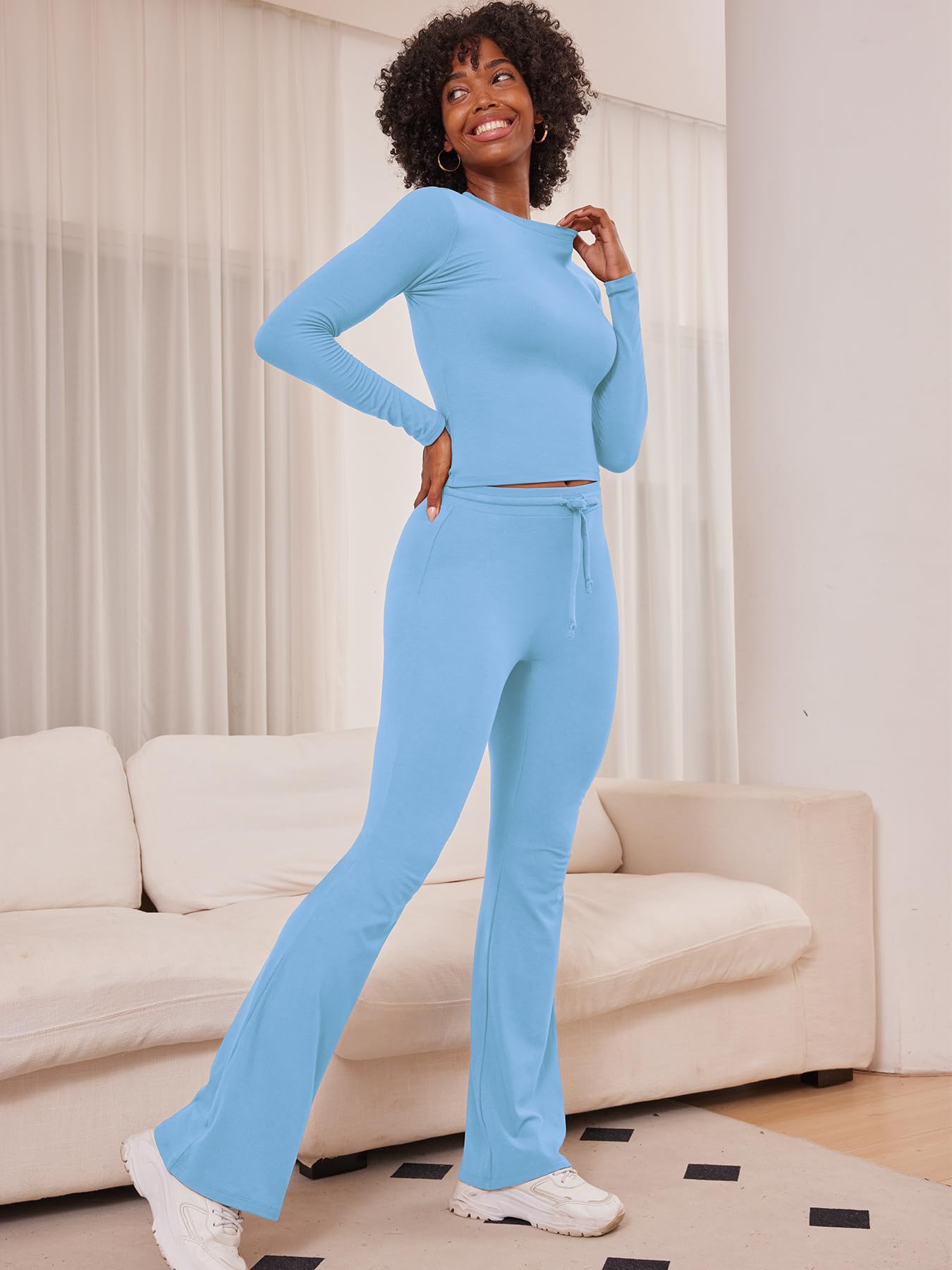 Two Piece Sets for Women Long Sleeve Tops Lounge Set Drawstring Wide Leg Pants Matching