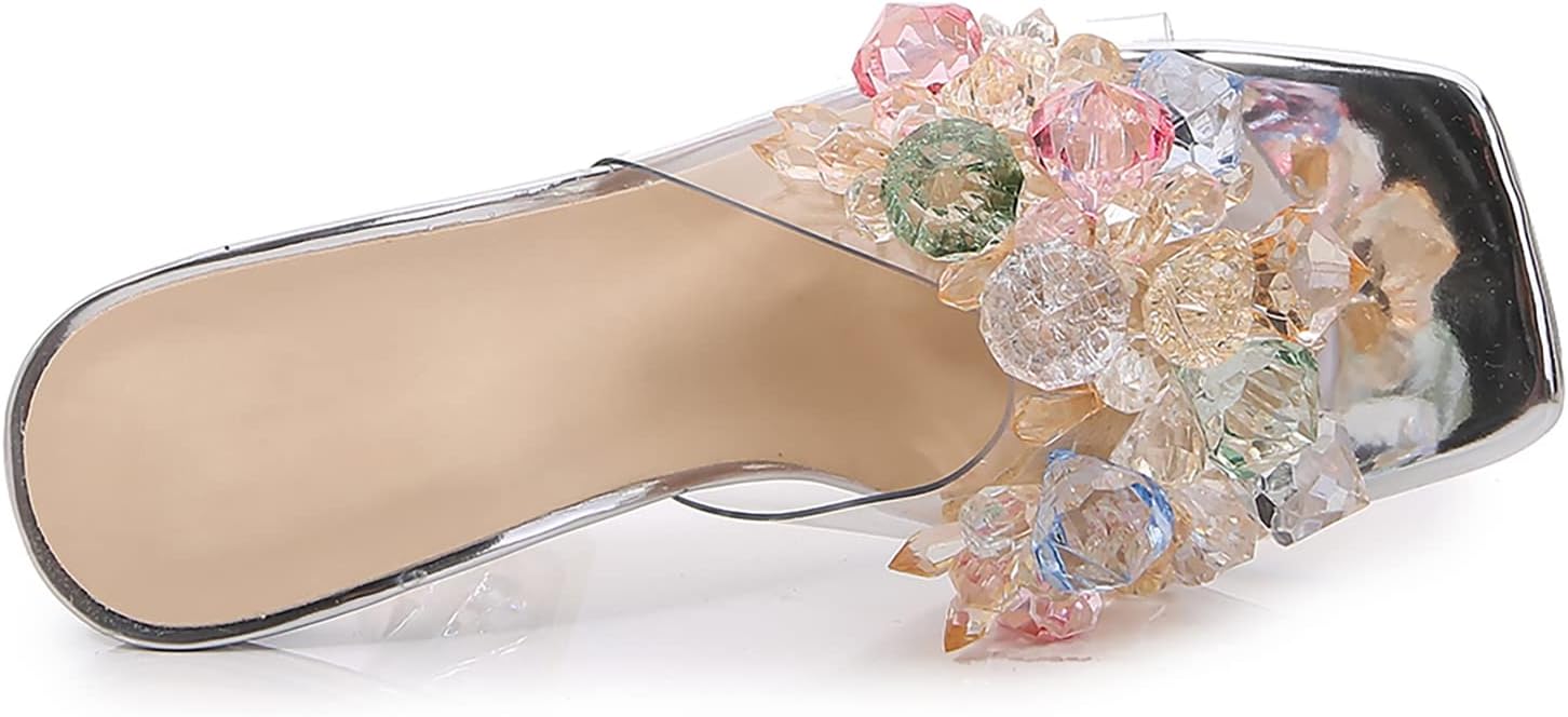 Women's Crystal Flower Heels Square Toe Heeled Sandals