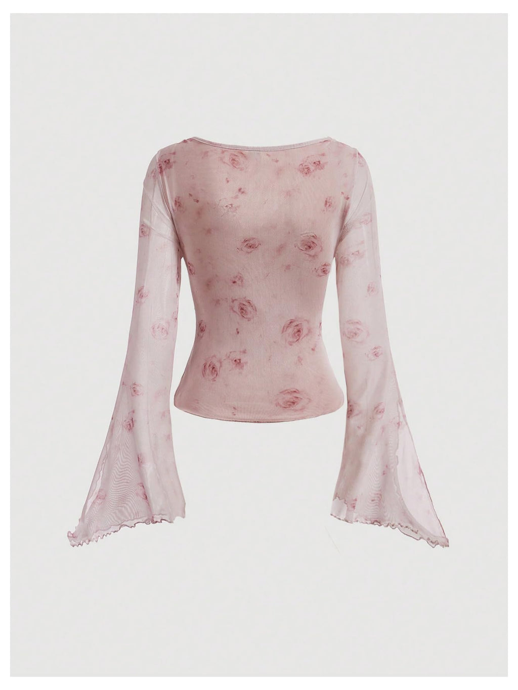 Verdusa Women's Floral Print Mesh Bell Sleeve Tie-Front Top with Lettuce Trim