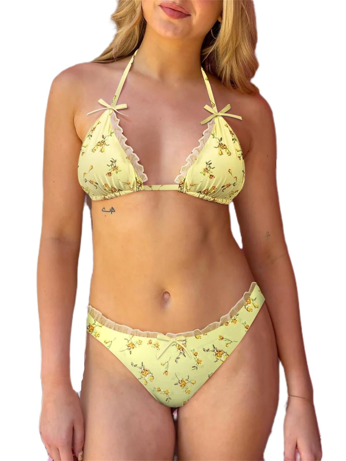 Women Y2k Bikinis Sets Coquette Aesthetic Bows Halter Tie Up Bikini Top High Cut Elastic Waist Bikini Bottom