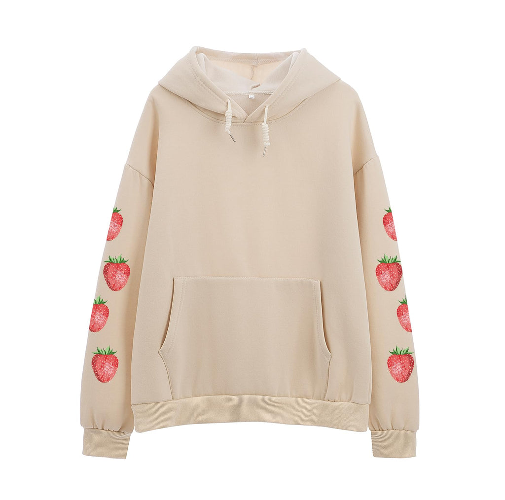 Women's Cute Sweatshirt Strawberry Sleeve Printed Cotton Warm Hoodie with Pocket