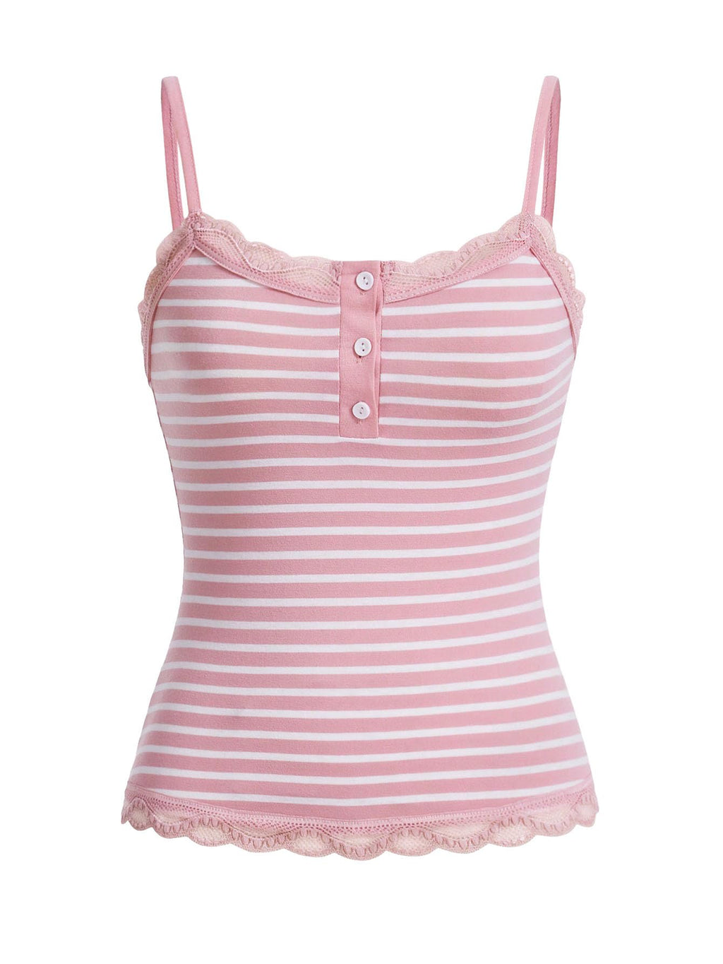 Striped Lace Trim Cami Crop Top Button Front Spaghetti Strap Y2k Tops