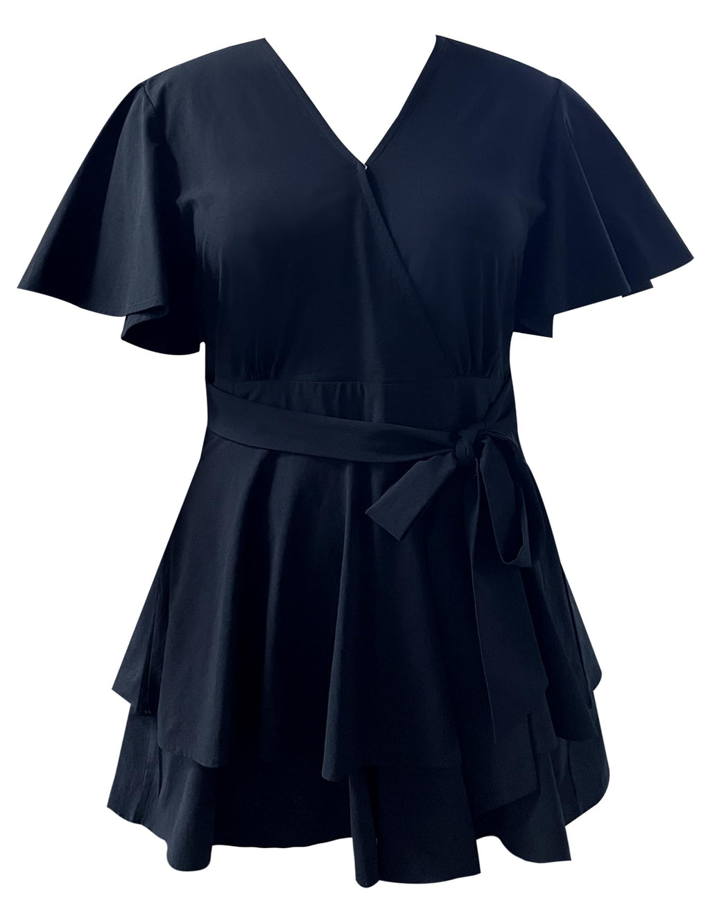 Women's Floral Rompers Jumpsuits V Neck Short Baggy Sleeve Waist Tie Double Layer Ruffle Hem Romper