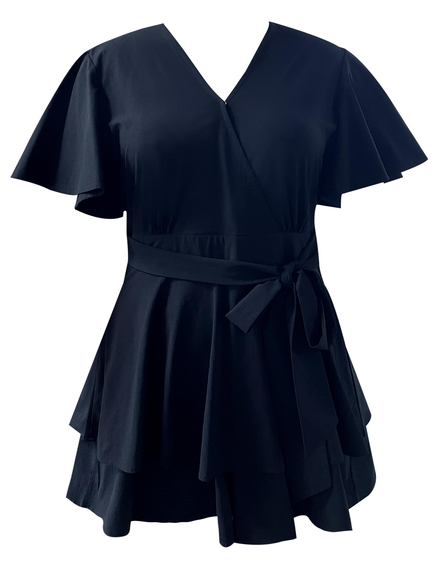 Women's Floral Rompers Jumpsuits V Neck Short Baggy Sleeve Waist Tie Double Layer Ruffle Hem Romper