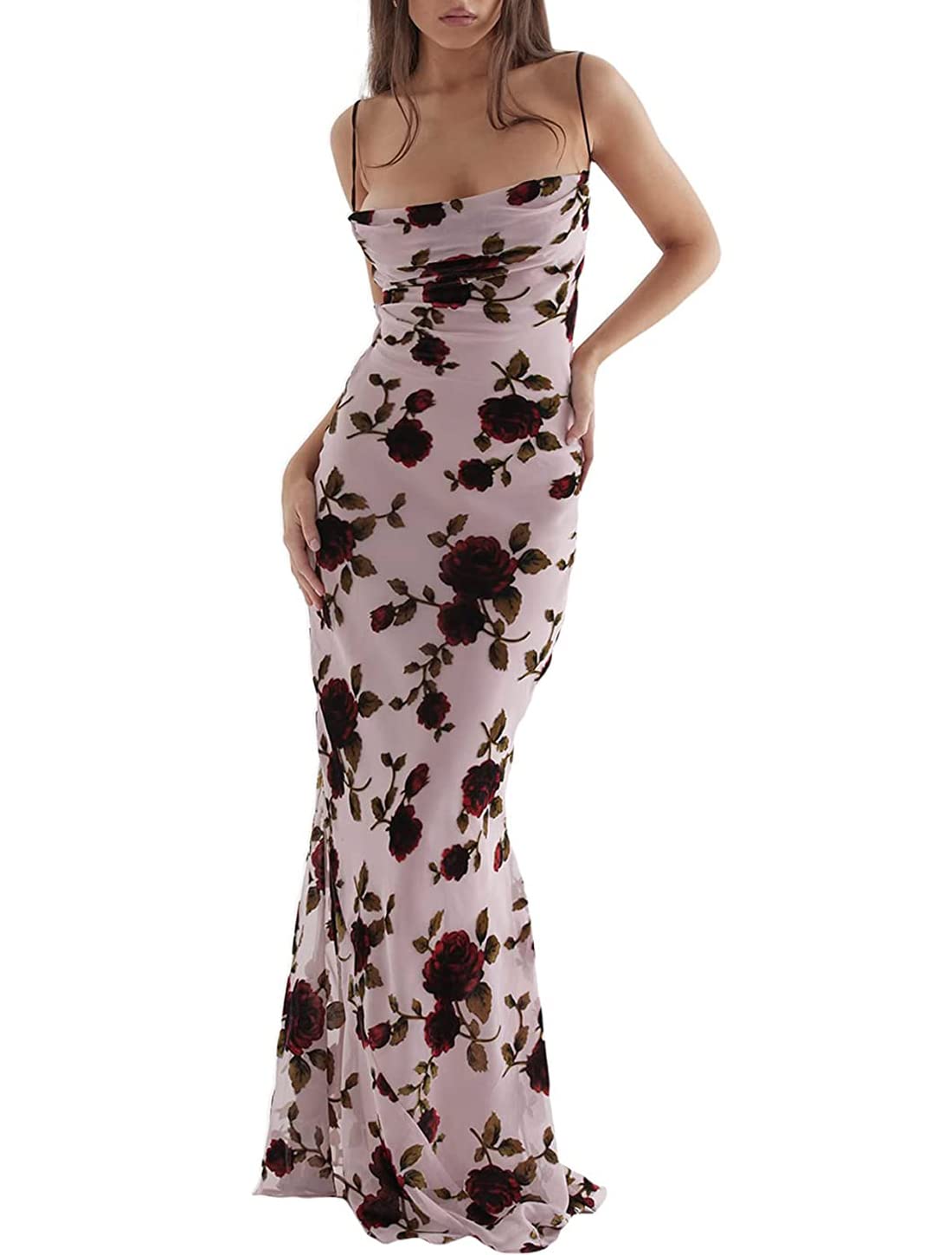 Women Vintage Spaghetti Strap Maxi Dress Sexy Low Cut Backless Floral Satin Slip Long Dress Y2k Cami Bodycon Dresses