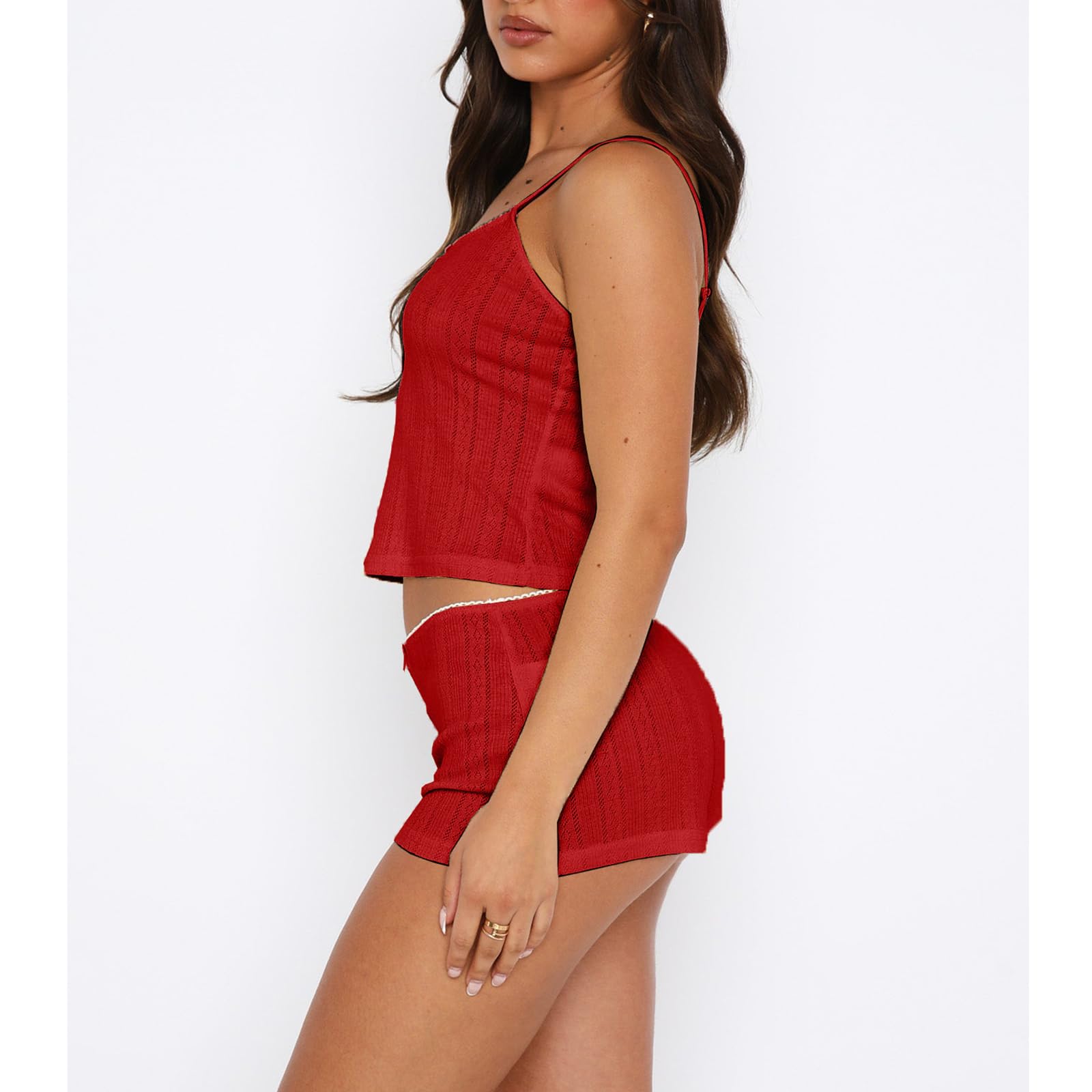 Women's Two Piece Outfit Lace Trim Top and Shorts Set 2 Piece Lounge Sets Ladies PJs Summer Clothes