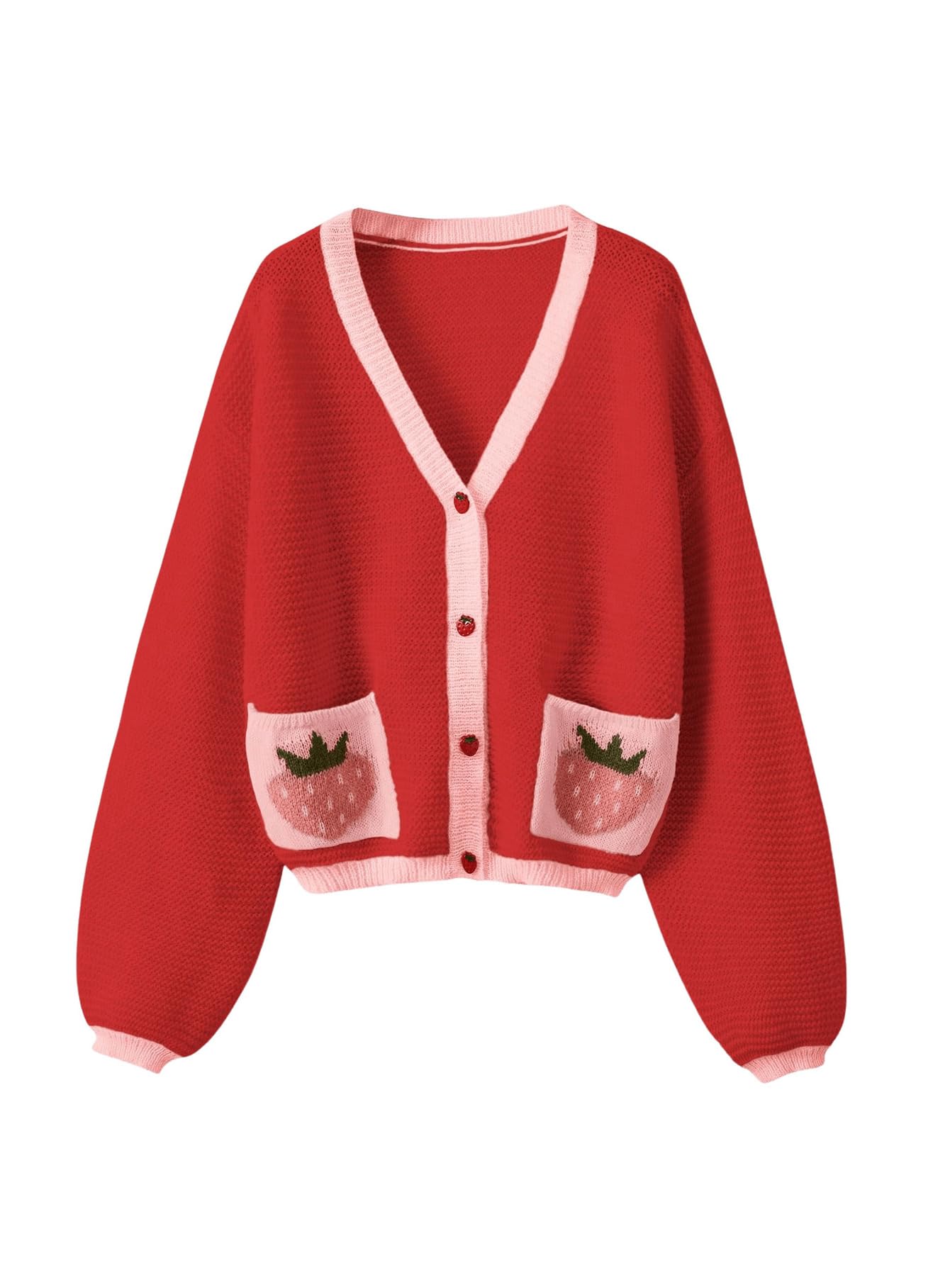 Women's Strawberry Pattern Open Front Bishop Sleeve Casual Cardigan