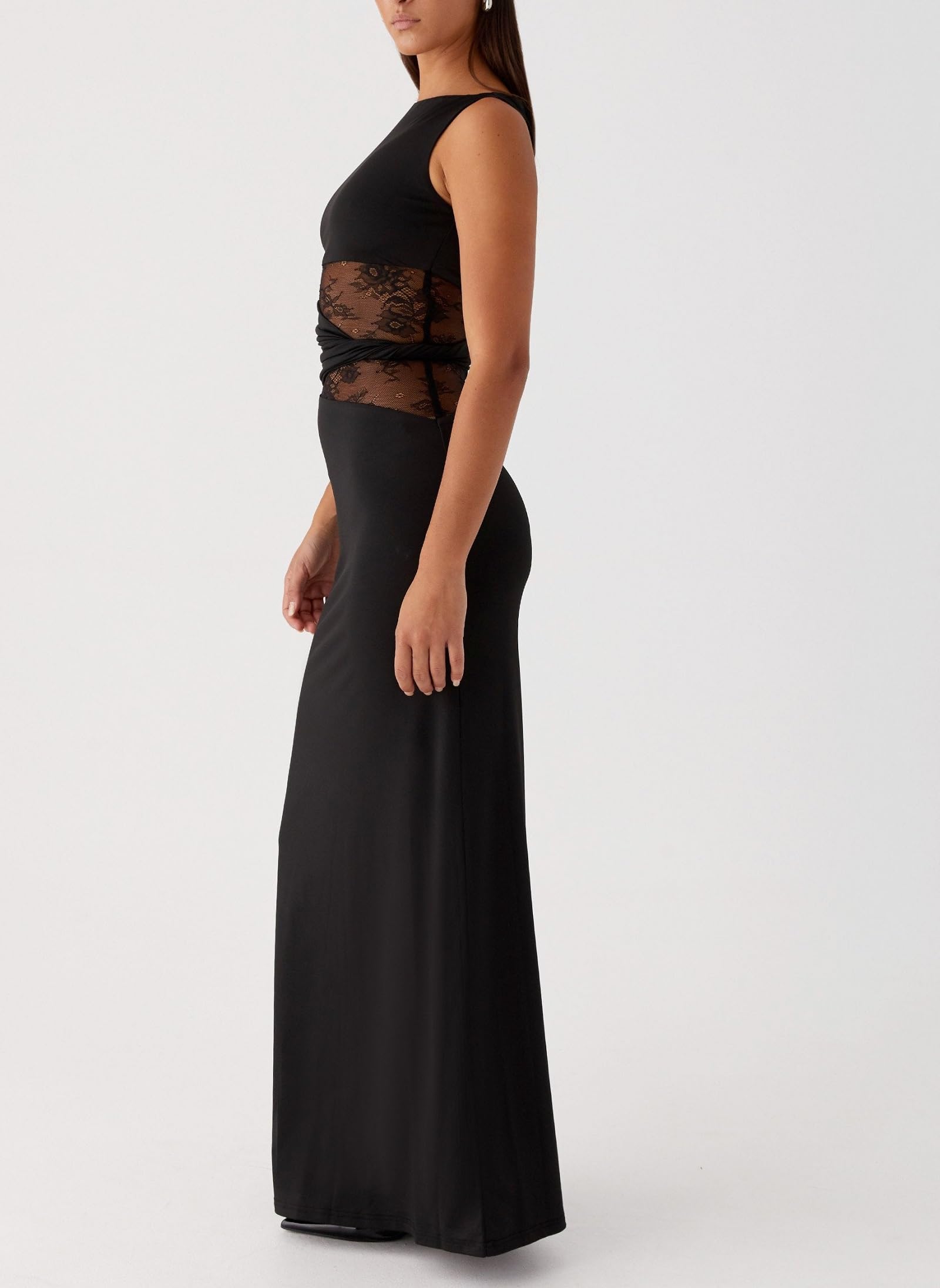 Women Satin Bodycon Maxi Dress Y2K Lace Patchwork Sleeveless Dress Backless Cutout Long Lace Dress Elegant