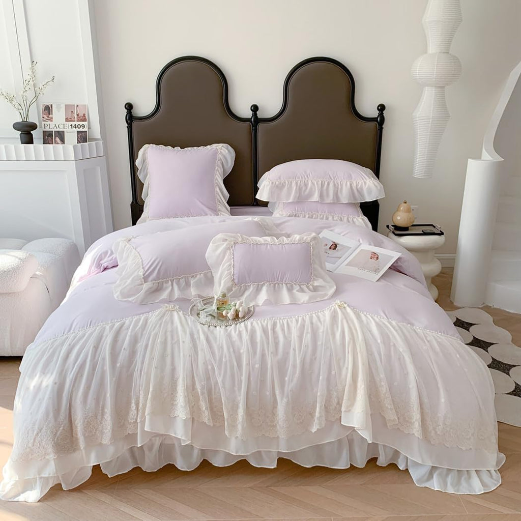 Lace Duvet Cover - Chiffon Ruffled Beddding Set with Flower, 3 Pieces Comforter Cover Set with Zipper Closure and Pillowcase