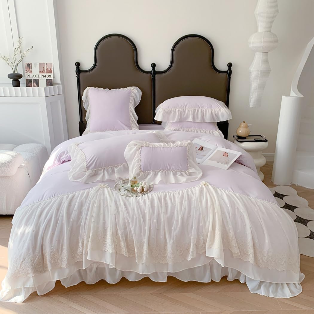 Lace Duvet Cover - Chiffon Ruffled Beddding Set with Flower, 3 Pieces Comforter Cover Set with Zipper Closure and Pillowcase