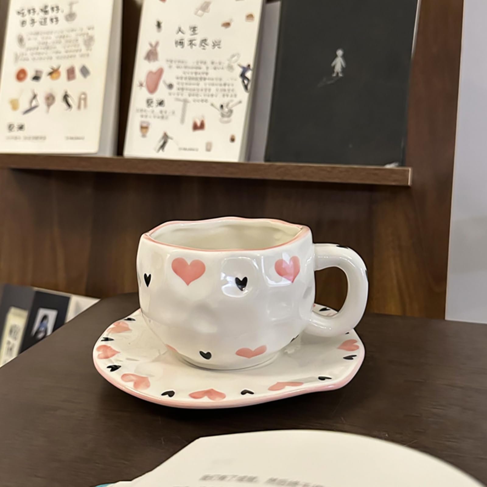 Ceramic Coffee Mug with Saucer Set, Cute Creative Cup Unique Irregular Design, 10 oz/300 ml