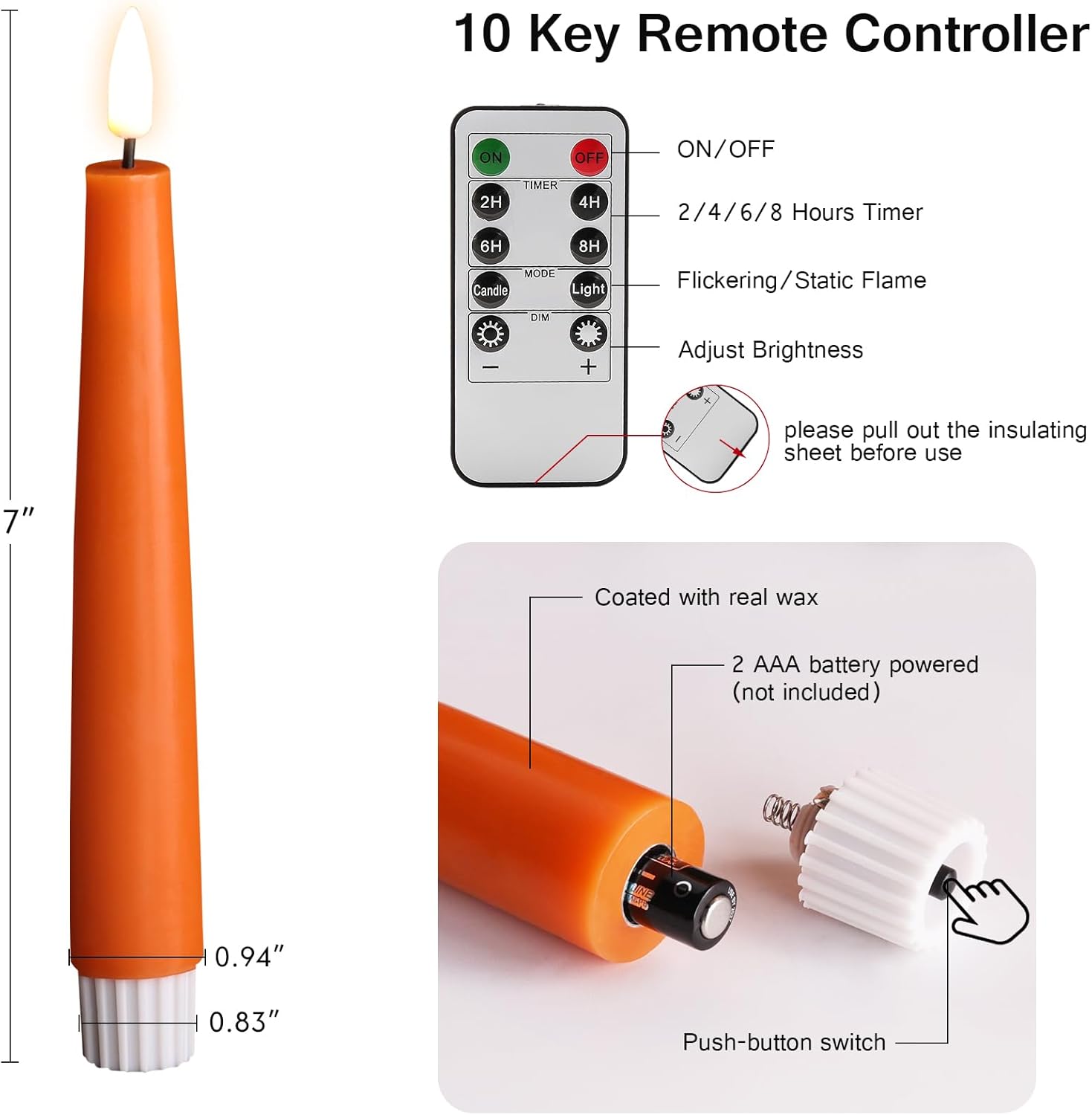 Short Flameless Taper Candles with Remote, Flickering Battery LED Wax Candlesticks Set of 6