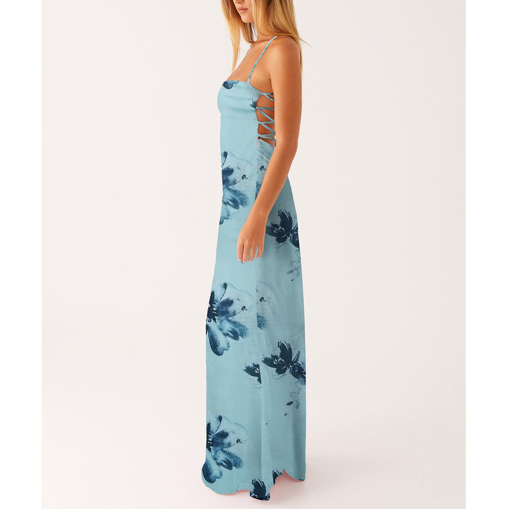 Women Floral Slip Dress Spaghetti Strap Maxi Dress Backless Slim Fit Long Dresses Flowers Print Going Out Dress