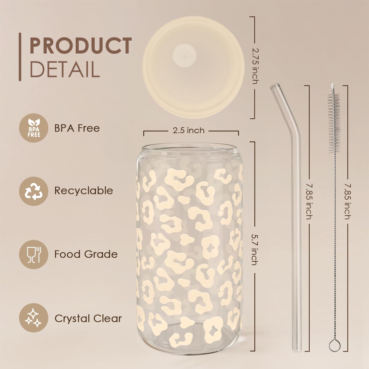 Glass Cup with Lid & Straw, Iced Coffee Aesthetic Glass Can, 16oz