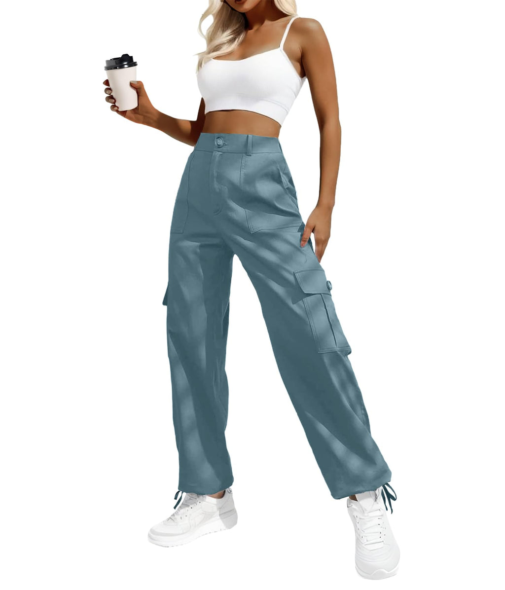 Women's High-Waisted Cargo Pants â€?Y2K Streetwear Baggy with 6 Pockets & Drawstring Cuffs