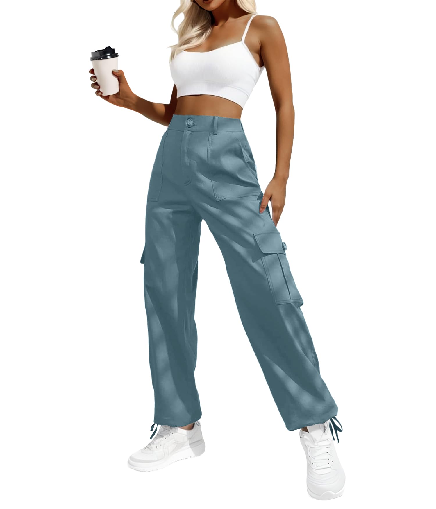 Women's High-Waisted Cargo Pants â€?Y2K Streetwear Baggy with 6 Pockets & Drawstring Cuffs