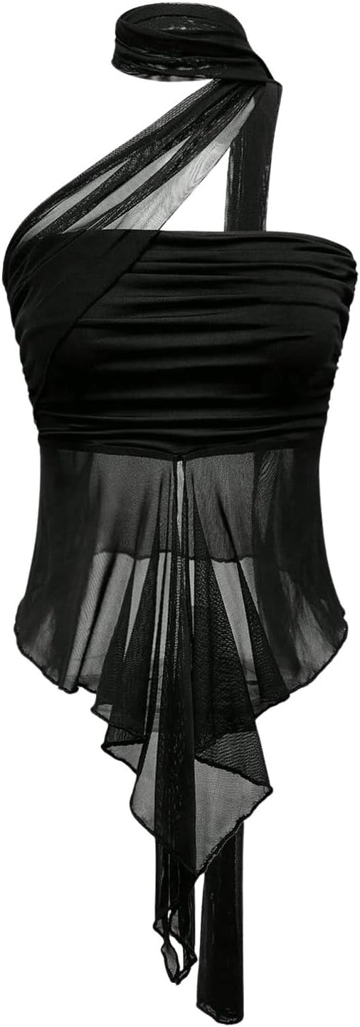 Women's Sheer Ruffle Trim Halter Tops Asymmetrical Hem Ruched Sleeveless Fitted Crop Tops Y2K Party Top