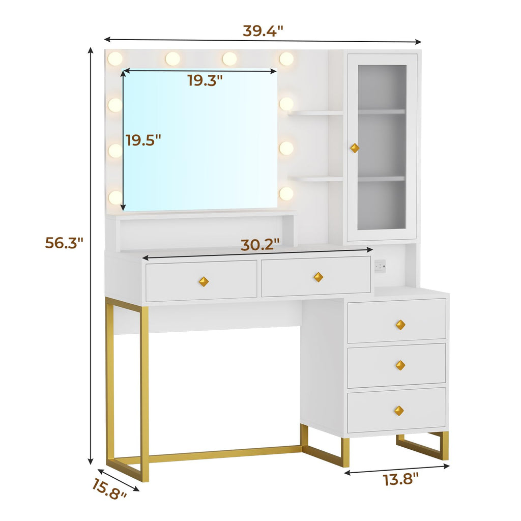 Vanity Desk with Mirror and Lights & Charging Station, White Vanity Table with 5 Storage Drawer & Glass Door & 3 Shelves