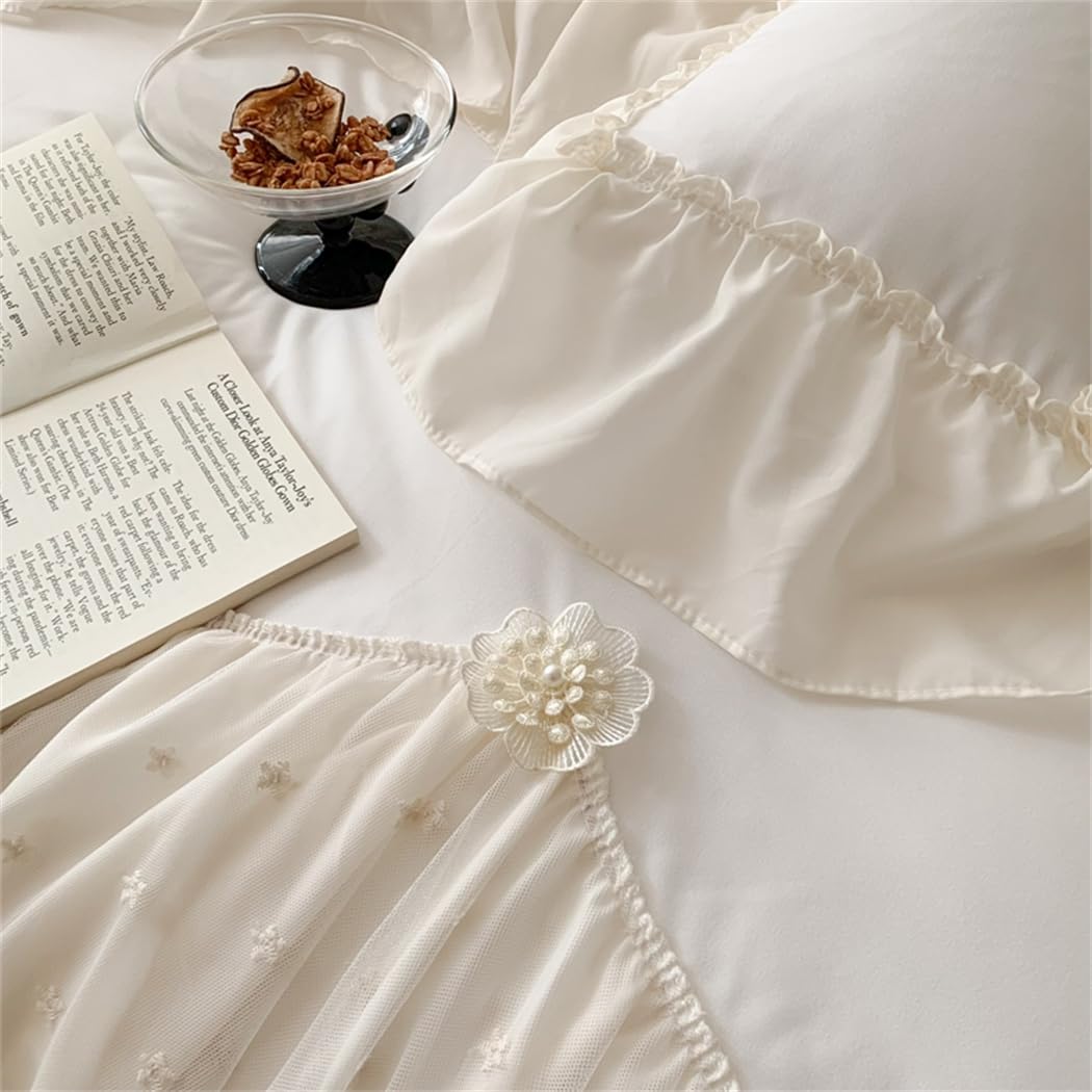 Lace Duvet Cover - Chiffon Ruffled Beddding Set with Flower, 3 Pieces Comforter Cover Set with Zipper Closure and Pillowcase