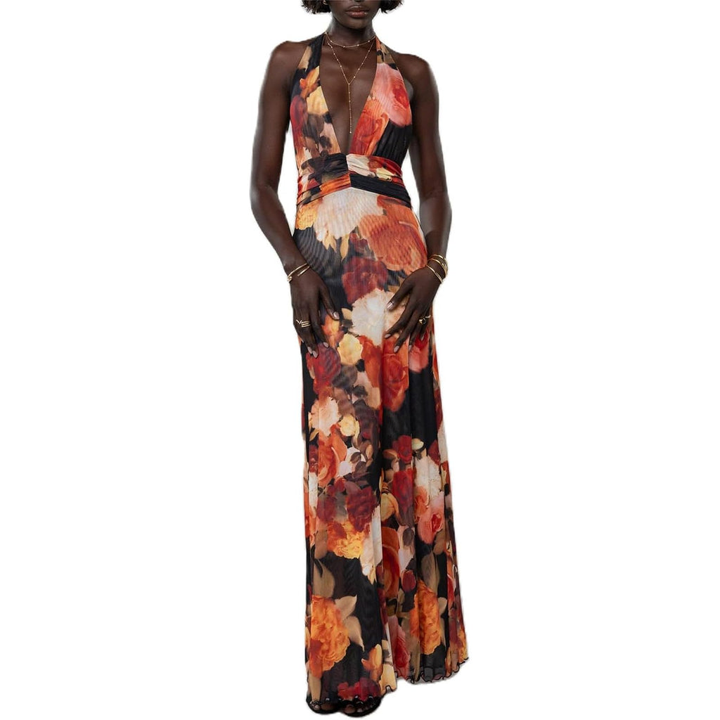 Women's Strapless Neck Scarf Floral Dresses Open Back Bodycon Long Dress Maxi Fitted Sundress
