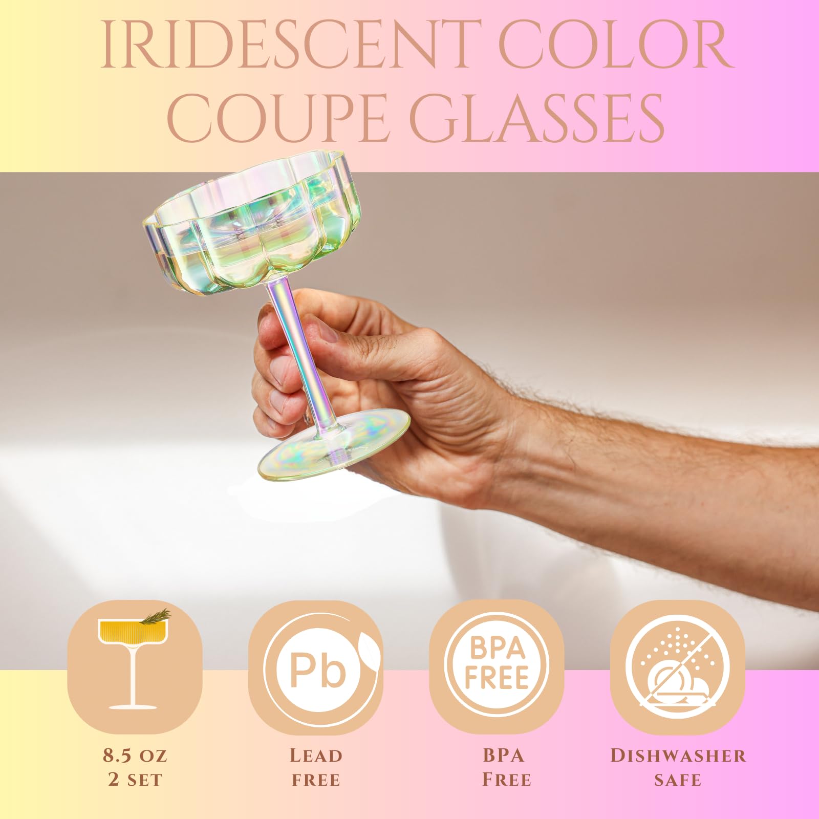 Shatterproof Acrylic Flower Wavy Vintage Art Deco Martini, Champagne & Cocktail Muted Pastel Color Plastic Tritan Coupe Glasses