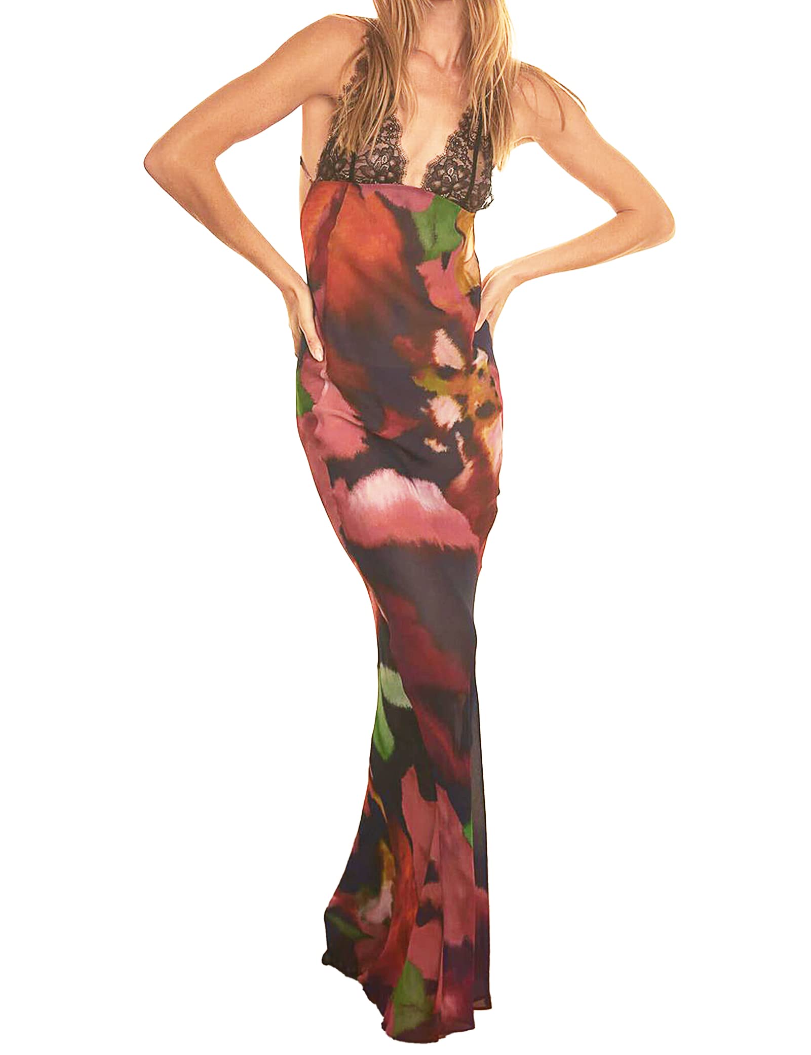 Women Sexy Backless Satin Maxi Dresses Spaghetti Strap Floral Print Dresses Slim Fit Elegant Long Dresses Night Party Outfits