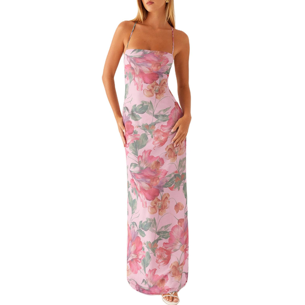 Women Floral Slip Dress Spaghetti Strap Maxi Dress Backless Slim Fit Long Dresses Flowers Print Going Out Dress