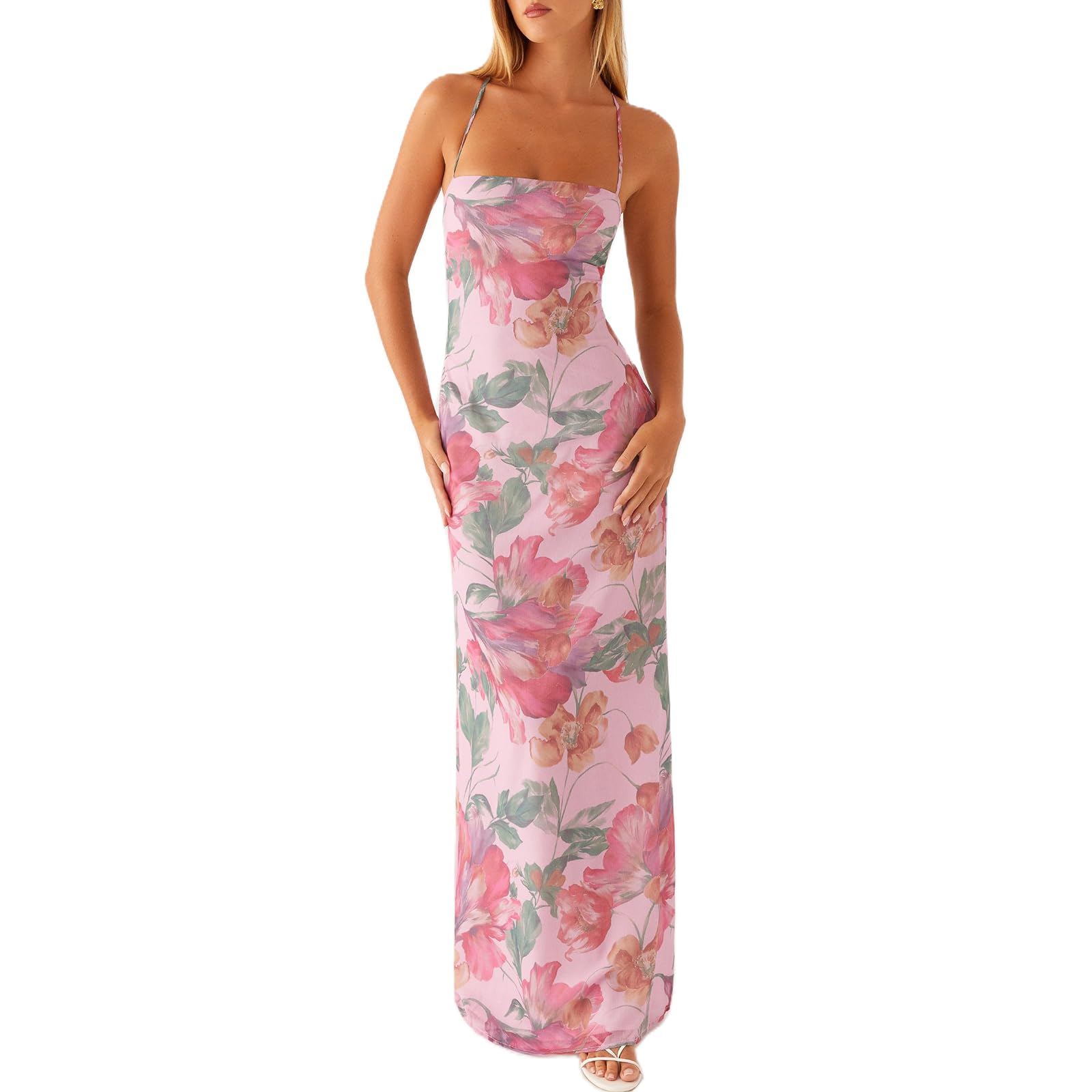 Women Floral Slip Dress Spaghetti Strap Maxi Dress Backless Slim Fit Long Dresses Flowers Print Going Out Dress
