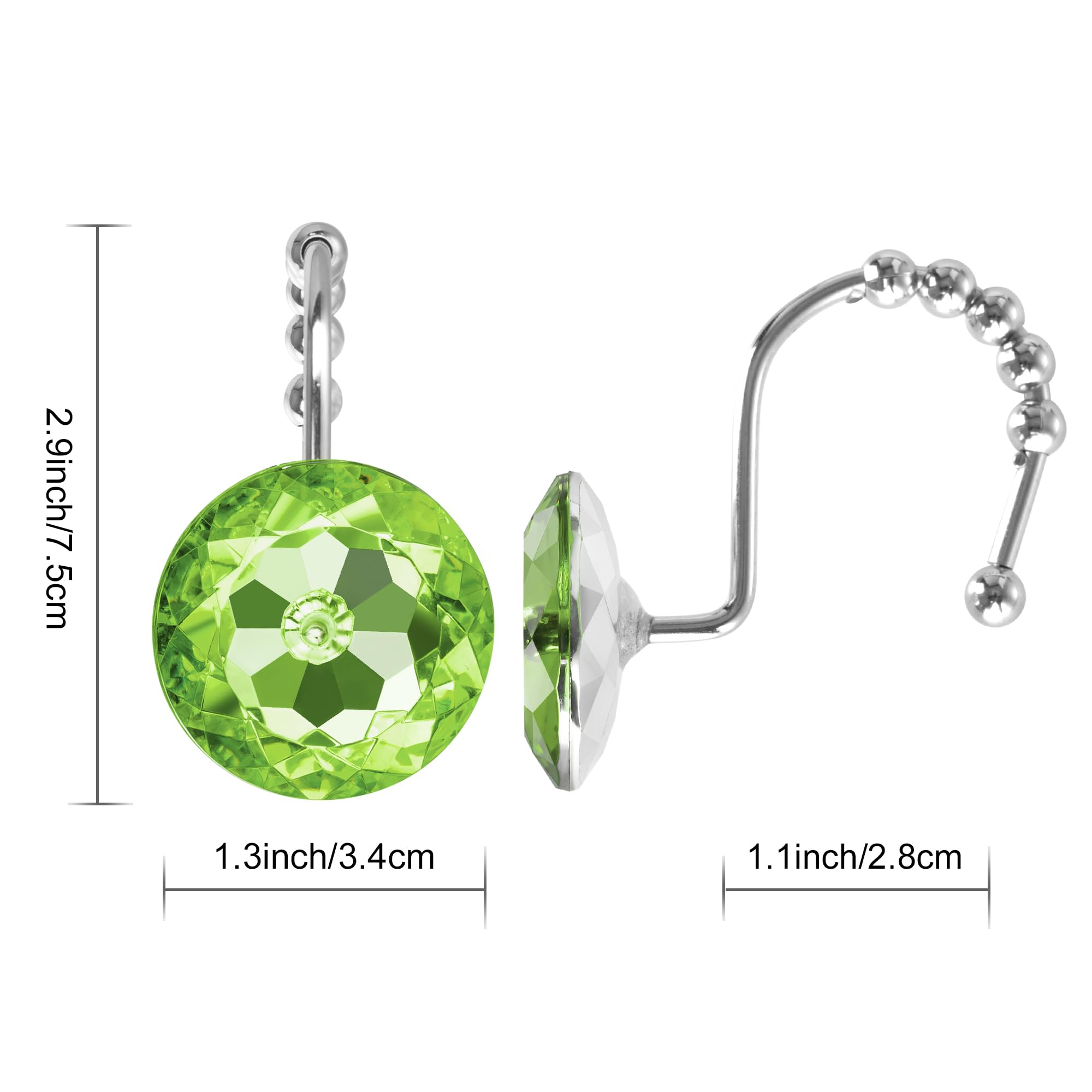 Luxury Design Round Diamond Crystal Gem Bling with Glide Balls Shower Curtain Hooks, Rust Proof Metal Rhinestones Glam Shower Curtain Rings-12 Pack