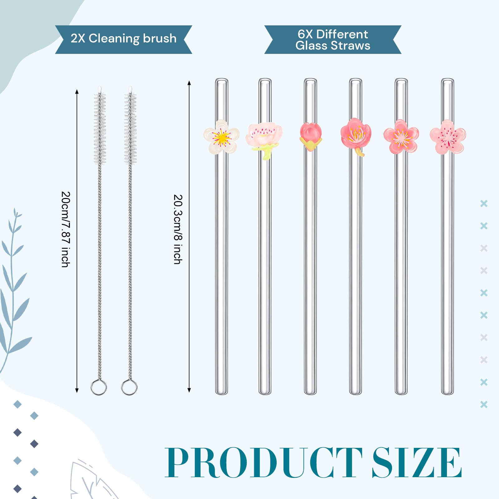 Reusable Glass Straw with 2 Cleaning Brush, Charm Cute Colorful Pattern Sticky Reinforced Glass Shatter Resistant Straw 6 Pcs