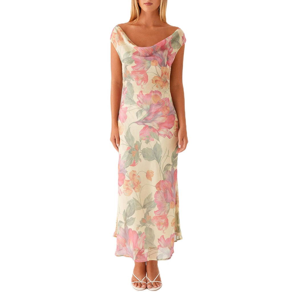 Women Floral Slip Dress Spaghetti Strap Maxi Dress Backless Slim Fit Long Dresses Flowers Print Going Out Dress