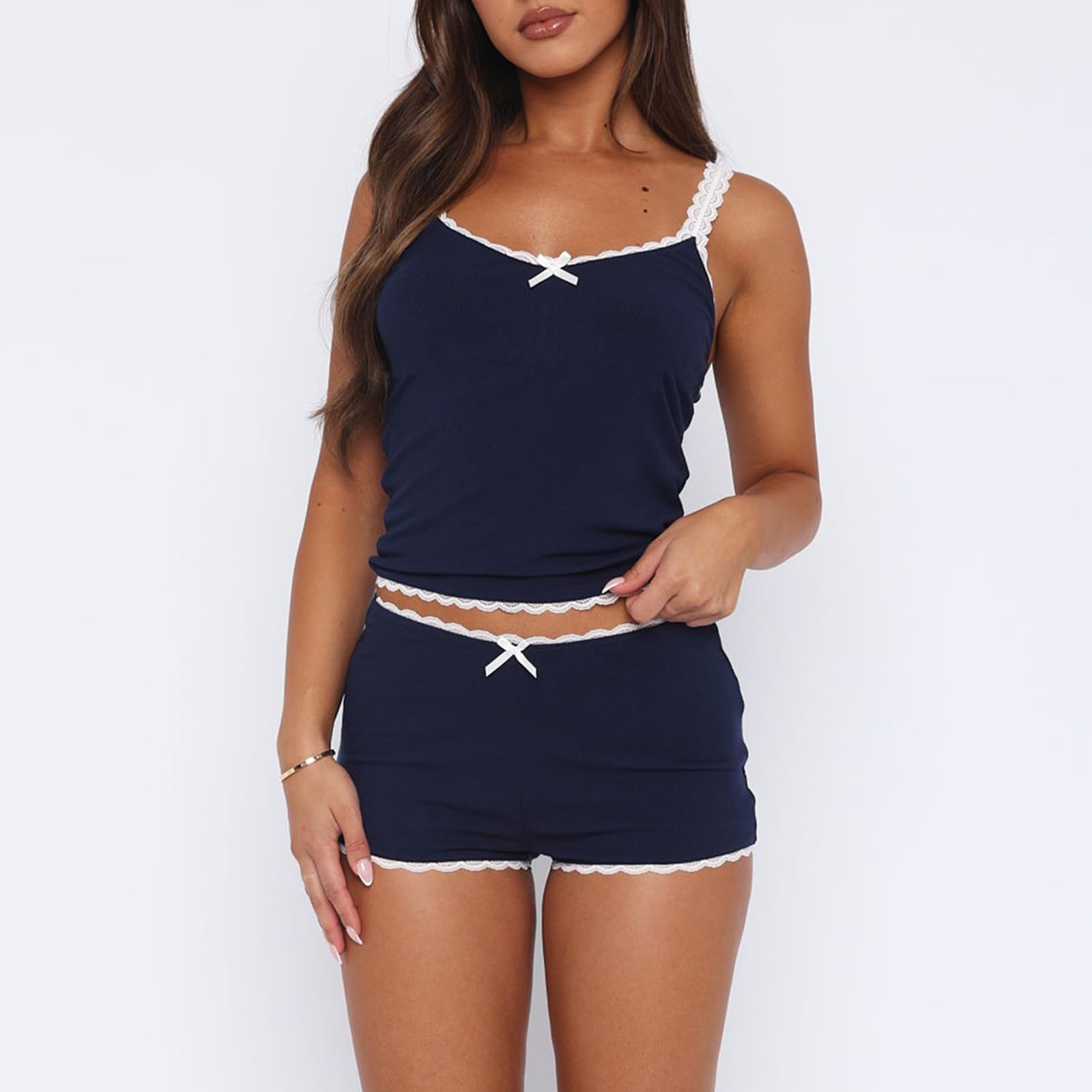 Women Sexy 2 Piece Pajama Set Sleeveless Lace Trim Crop Cami Top and Shorts Pj Set Y2K Sleepwear Lounge Outfits